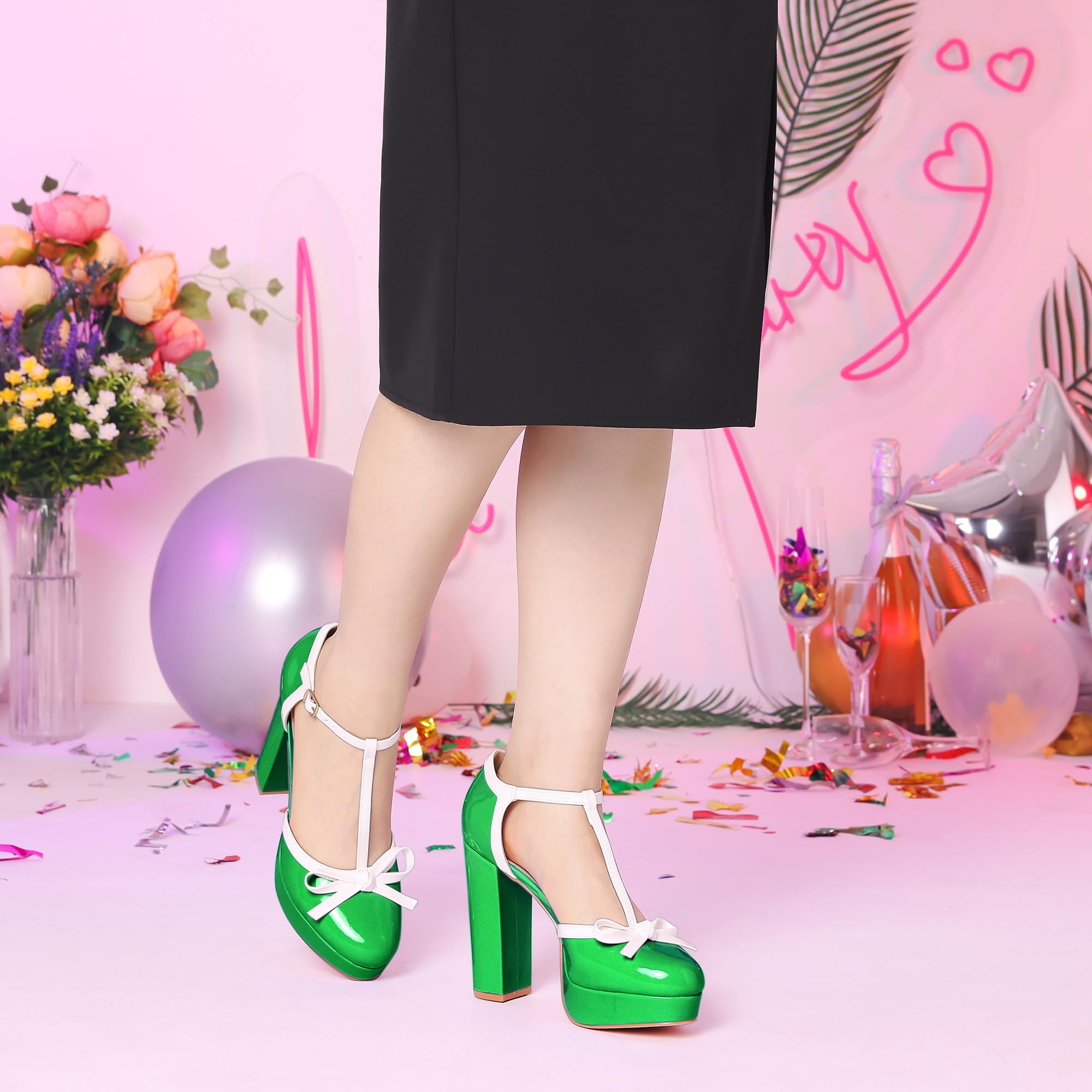 Allegra K Women's Chunky Heel Platform Pumps with Bow T-Strap - Comfortable Dress Shoes for Work, Party & Special Occasions