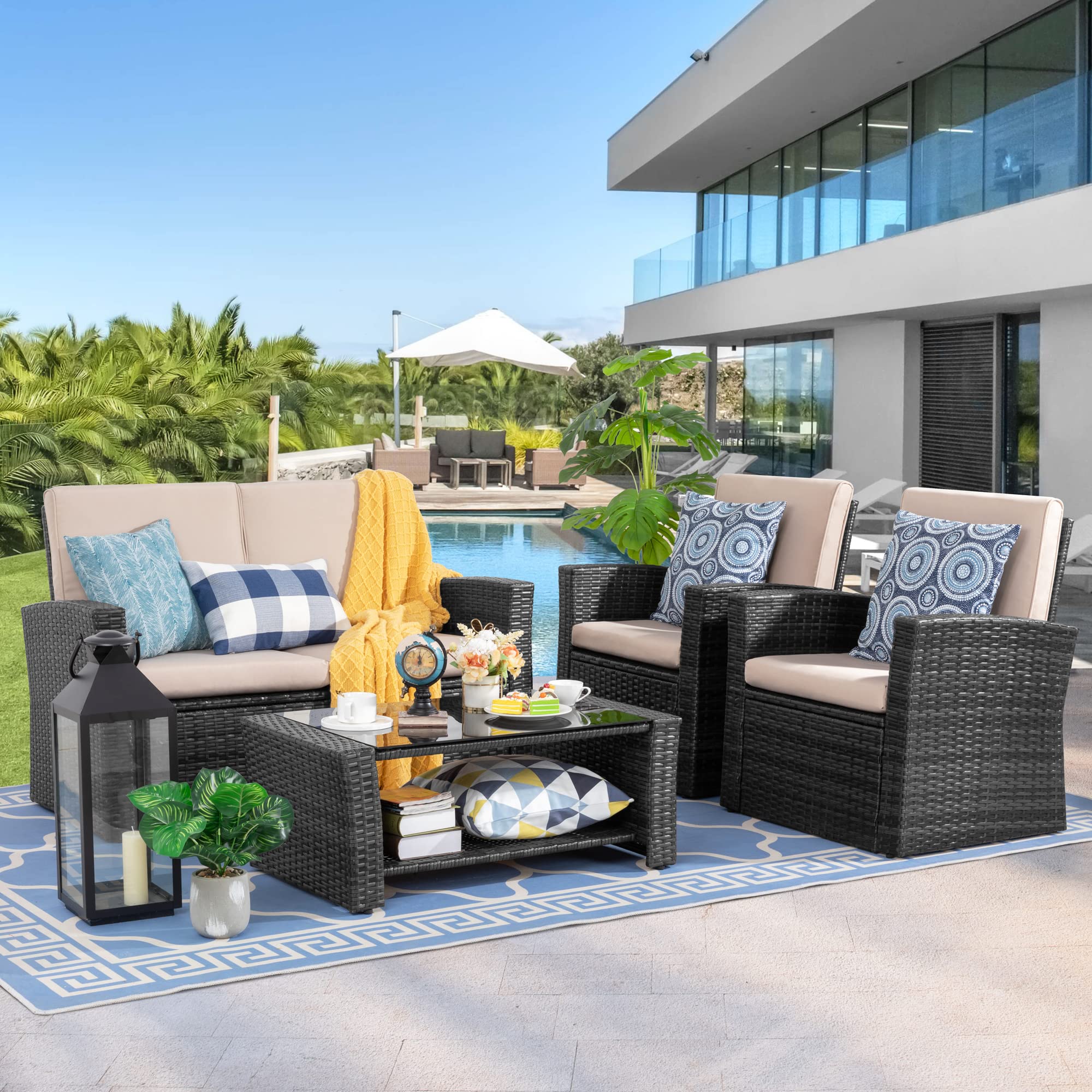Shintenchi 4-Piece Outdoor Patio Furniture Set - All-Weather Wicker Rattan Sectional Sofa with Tempered Glass Coffee Table | Black | Perfect for Backyard, Garden, Poolside & Balcony Relaxation