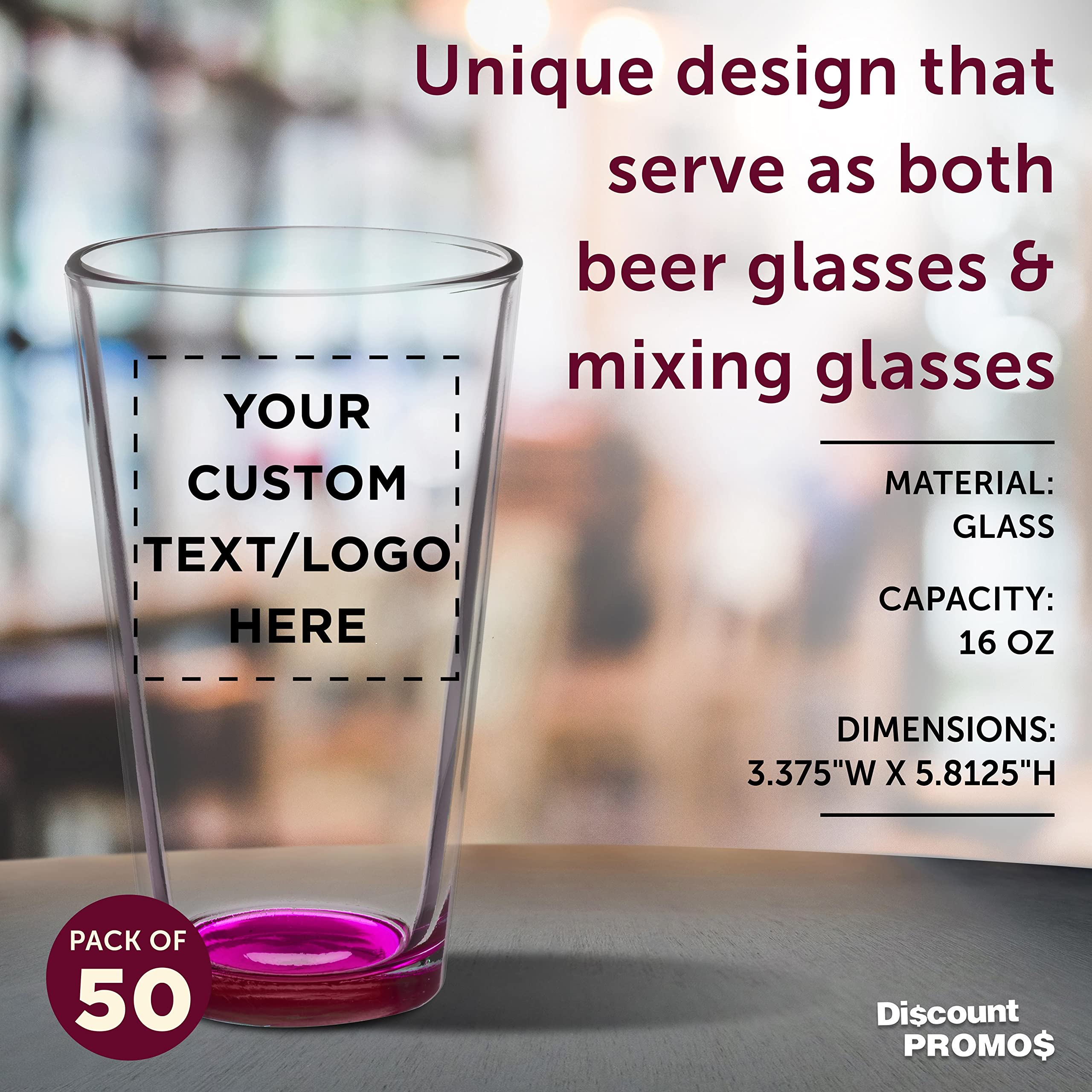 Custom Arc Pint Glass 16 oz. Set of 50 - Personalized Bulk Beer Glasses for Bars & Restaurants - Heavy Duty Drinkware in Pink - Perfect for Parties, Weddings & Commercial Use