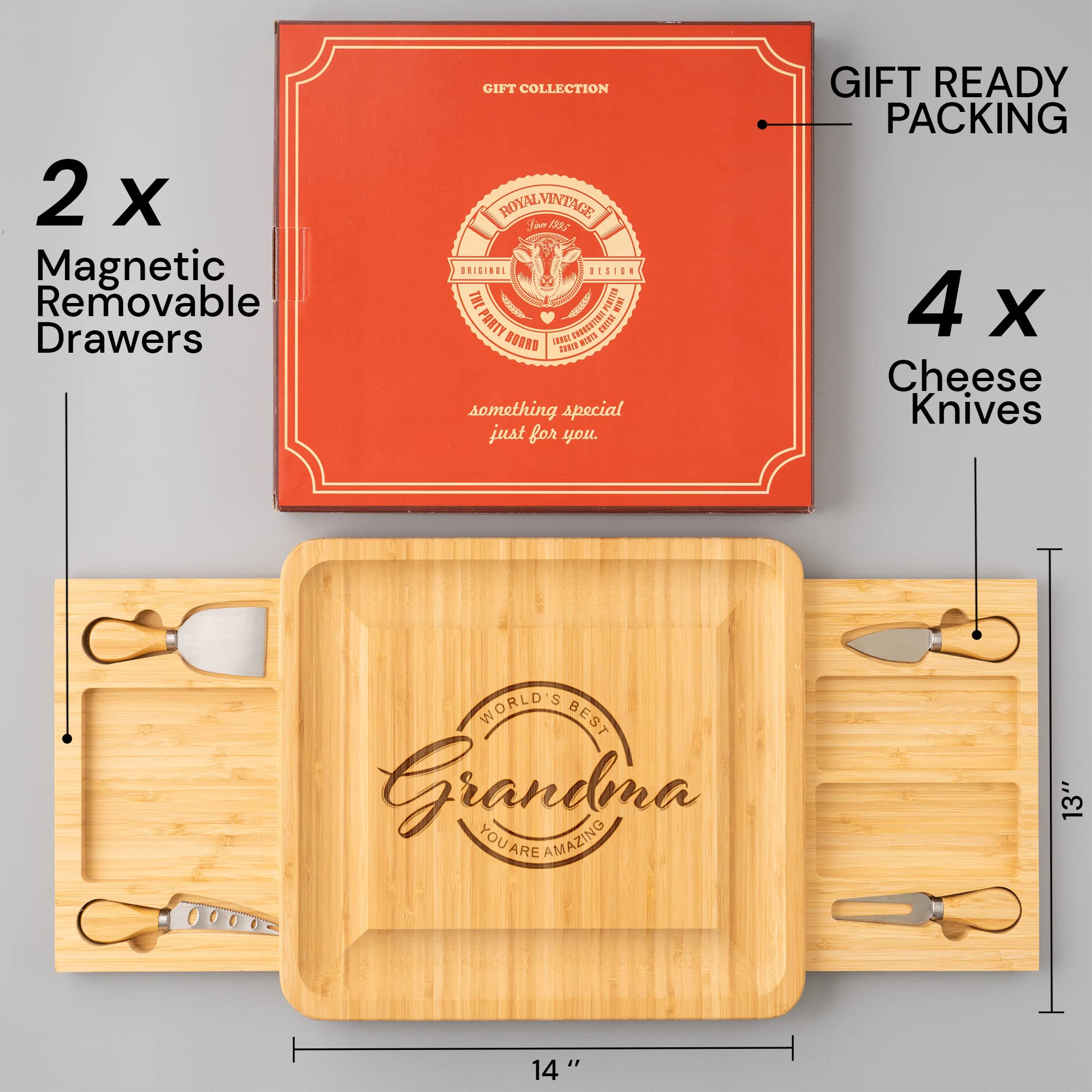 Best Birthday Gifts for Grandma - Thoughtful Present Ideas for Grandmothers | Unique Charcuterie Cheese Board Set with 4 Knives - Perfect for Family Gatherings, Holiday Dinners & Special Occasions