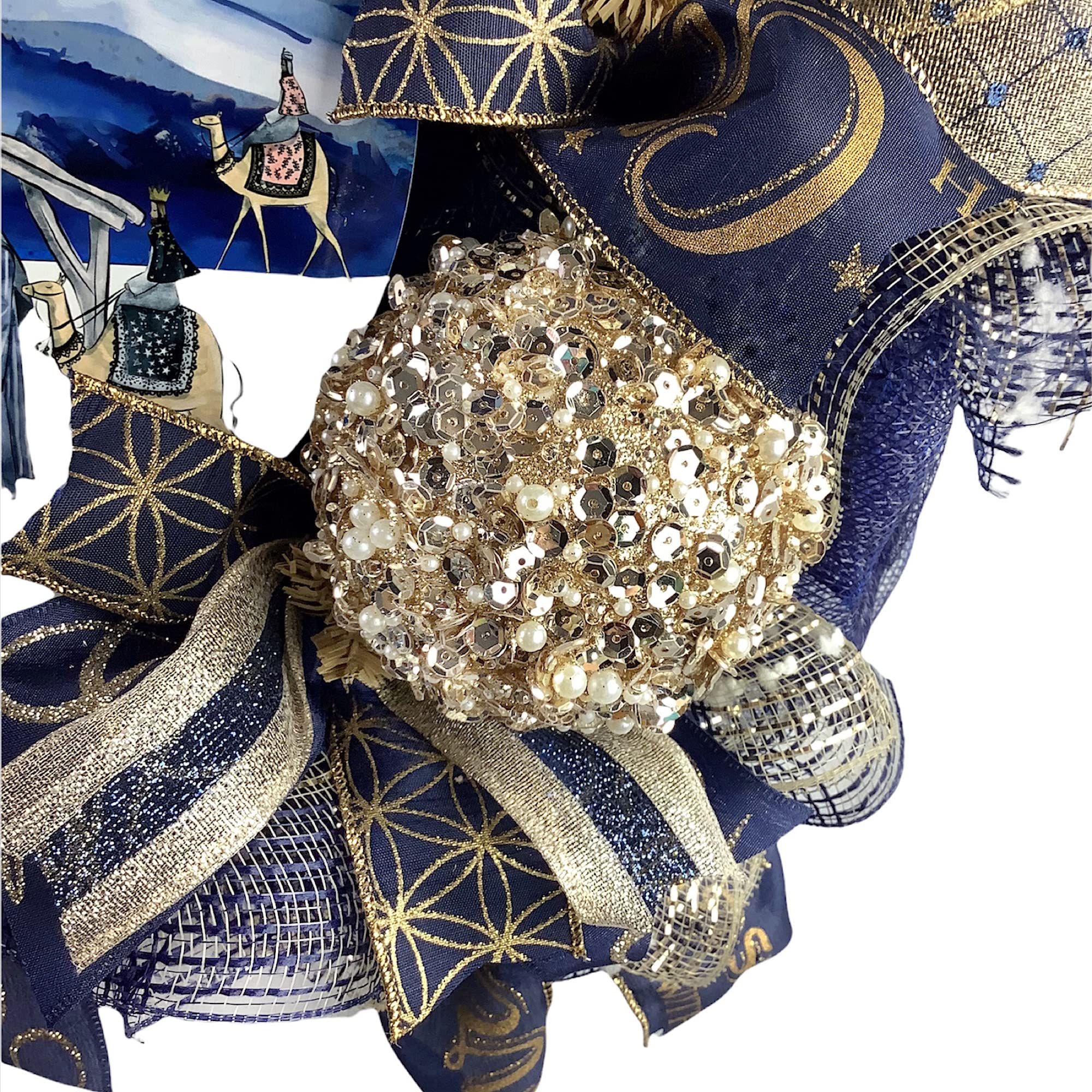 Nativity Christmas Wreath with Baby Jesus in Manger - Elegant Navy Blue & Gold Ball Ornaments and Bow - Perfect for Front Door Decor, Holiday Mantel, and Church Christmas Displays