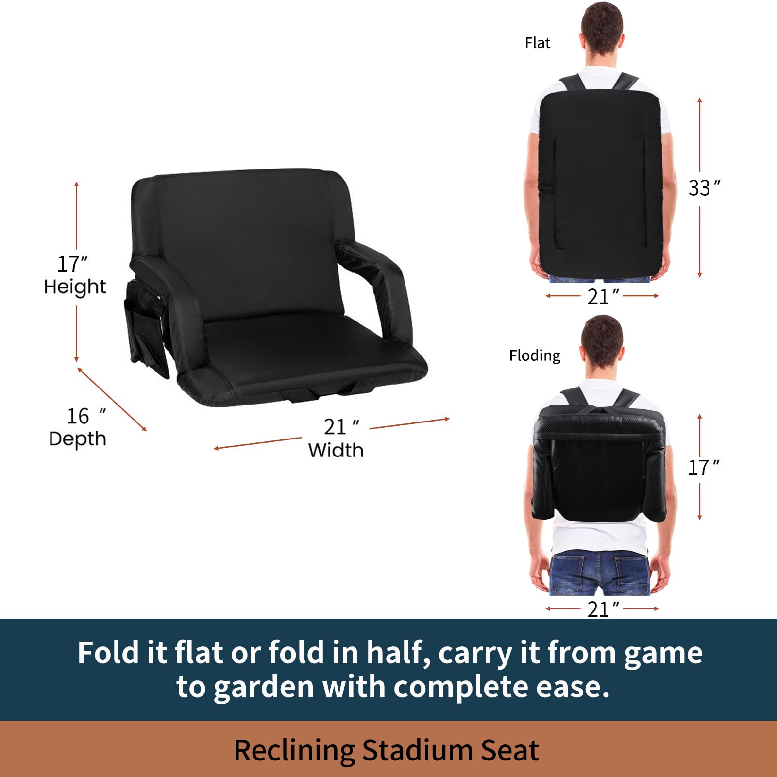 Seamander Portable Stadium Seat with Padded Cushion & Armrest Support - Lightweight Bleacher Chair for Football, Baseball, Concerts & Outdoor Events