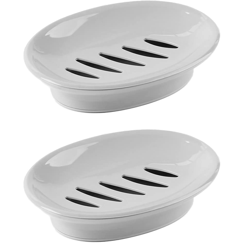 WYOK 2-Pack Grey Soap Dish with Drain - Soap Holder Tray for Shower, Bathroom & Kitchen - Prevents Mushy Soap, Easy to Clean & Dries Quickly - Perfect for Liquid & Bar Soap Storage