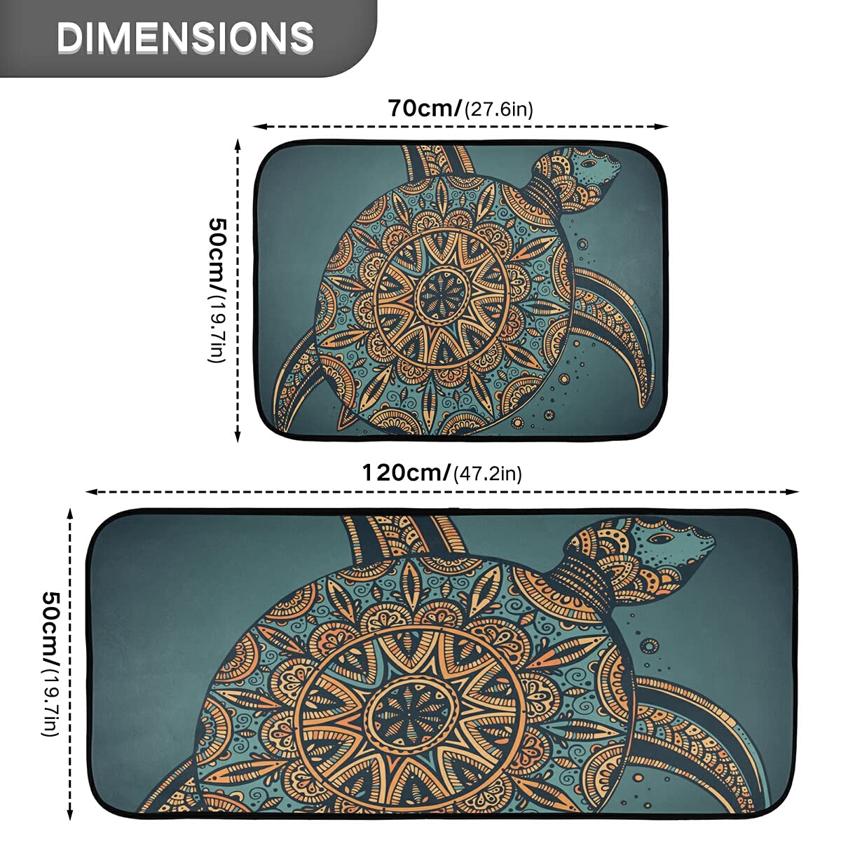 Non-Slip Washable 2-Piece Doodle Turtle Oriental Kitchen Rugs Set - Anti-Skid Floor Mats for Kitchen, Living Room, Dining Area - Perfect Home Decor for Asian-Themed Spaces