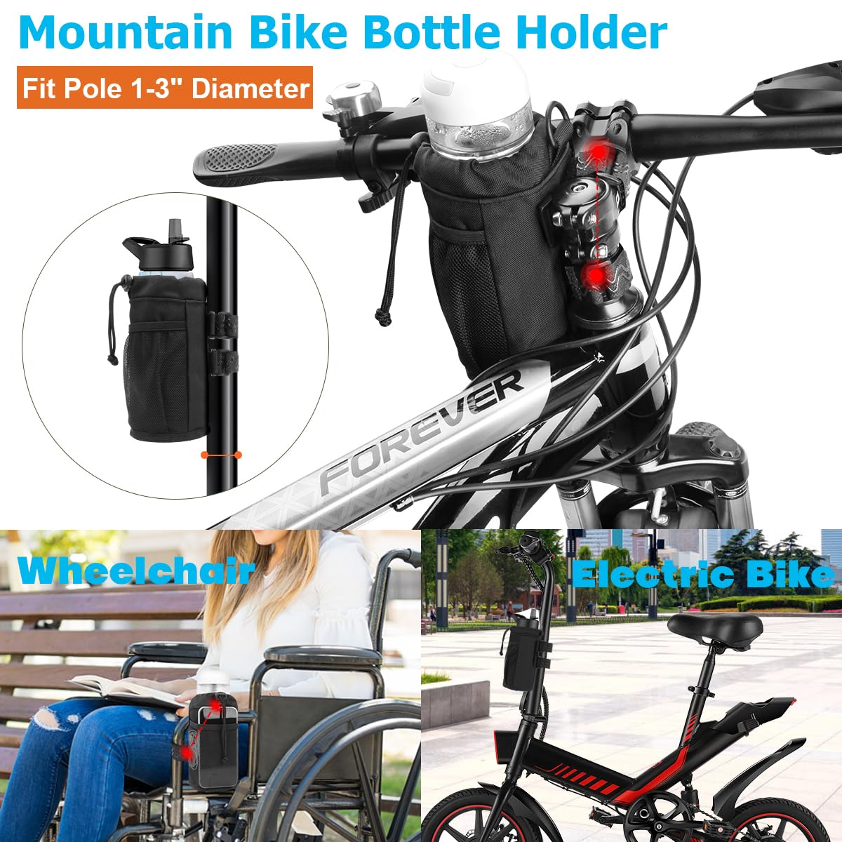 24oz Bike Water Bottle Holder with Mesh Pocket - Durable Bike Cup Holder Sling for Mountain Biking, Walking, Scooter & Sports - Perfect for Hydration During Outdoor Activities
