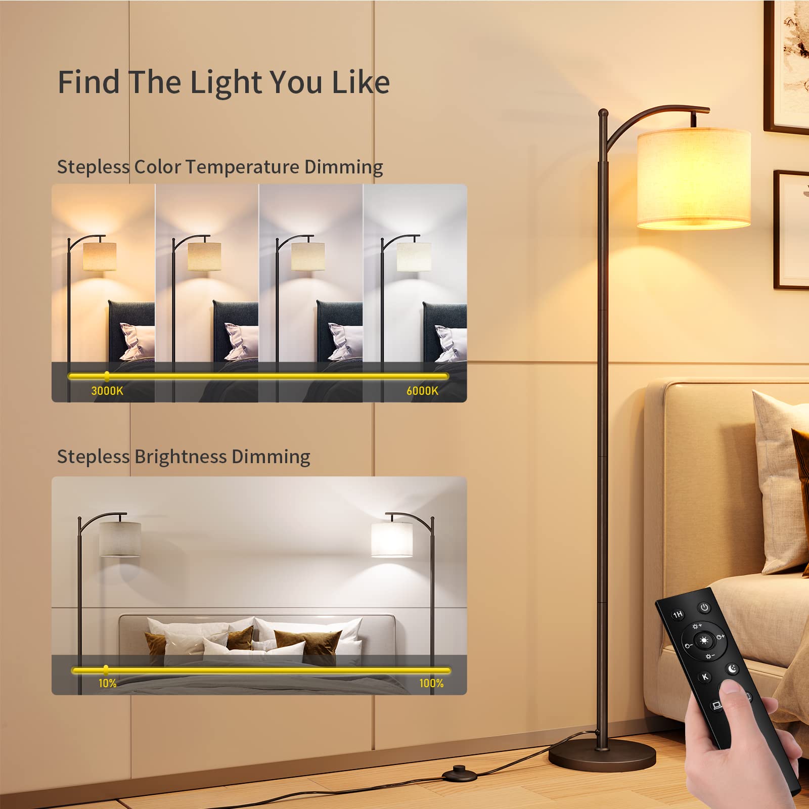 SUNMORY Modern Arc Floor Lamp with Remote Control - Dimmable LED Standing Light with Adjustable Hanging Lampshade for Living Room, Bedroom, Office - Black | Perfect for Reading Nook, Home Theater Lighting & Cozy Ambience