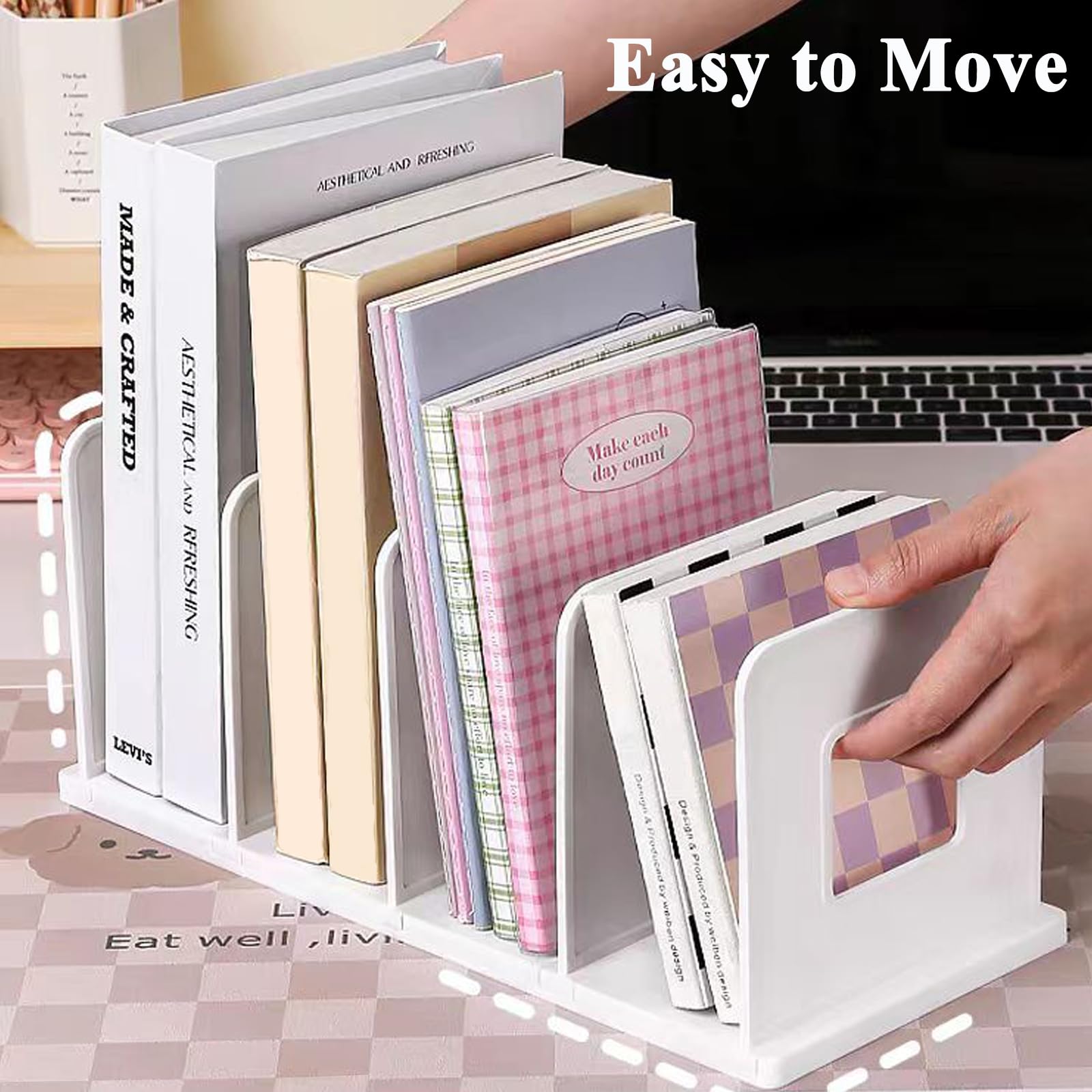 SAYEEC Vertical Desktop File Organizer - 4-Section Adjustable Plastic Book Holder, Shelf Dividers for Desk, Closet, Purse & Mail Storage - Perfect for Office, Home & School Use (White)