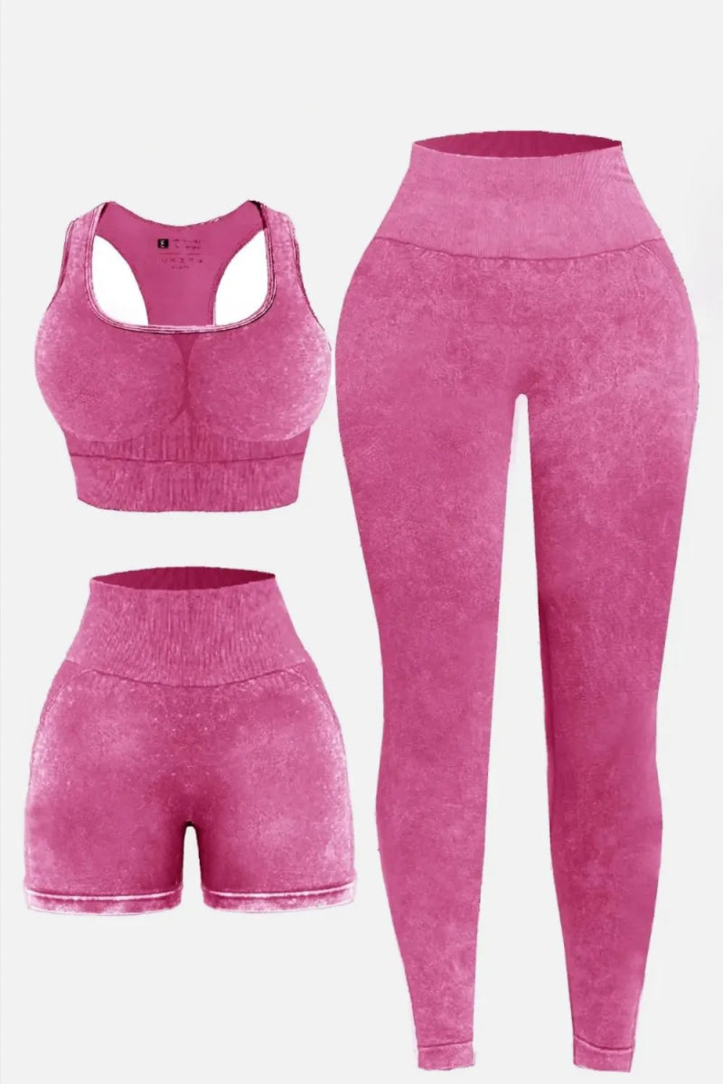 3 Piece Washed Square Neck Wide Strap Active Set for Women - Gym, Yoga & Lounge Wear - Comfortable Workout Outfit for Running & Pilates