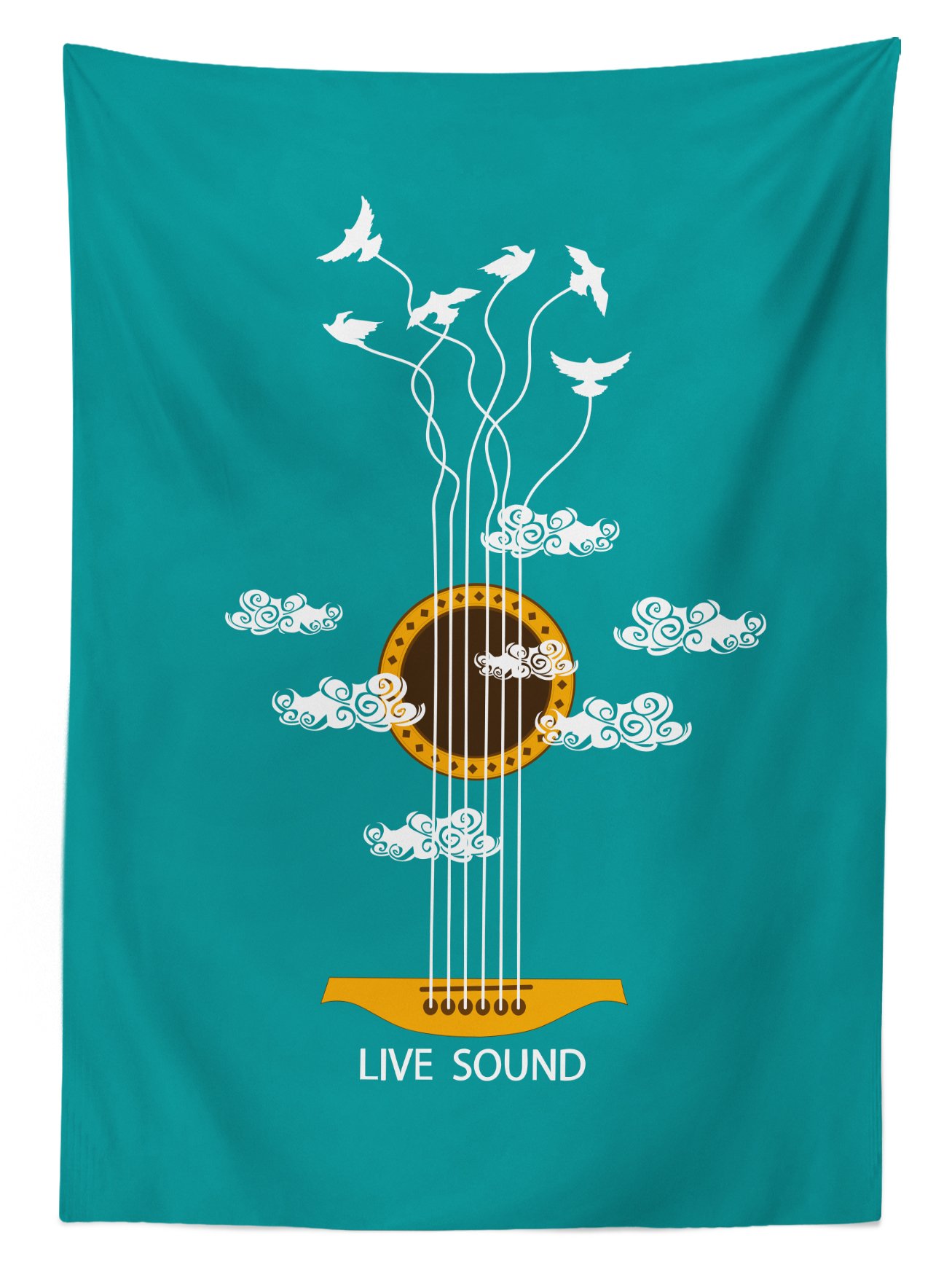 Ambesonne Guitar Tablecloth - Abstract Music Theme with Birds on Strings & Clouds Design - 60x84 Inch Rectangular Table Cover for Dining Room & Kitchen - Turquoise Marigold White - Perfect for Music Lovers' Dinner Parties & Themed Decor