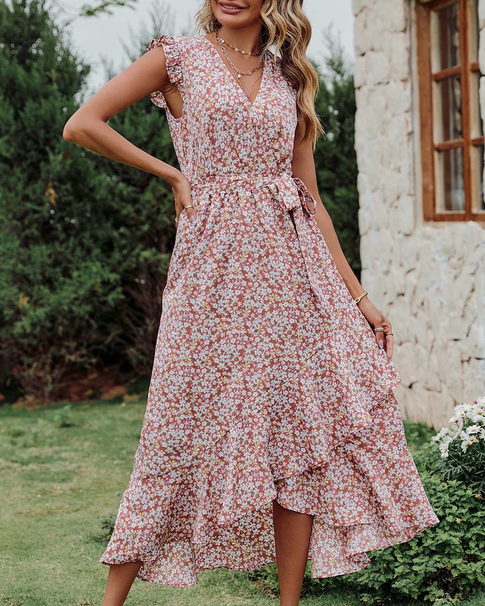 BTFBM Women's Summer Floral Maxi Dress 2025 - V Neck Ruffle Sleeve Wrap Dress with Belt for Beach Vacation, Spring Wedding Guest & Special Occasions | Perfect for Tropical Getaways, Garden Parties & Date Nights