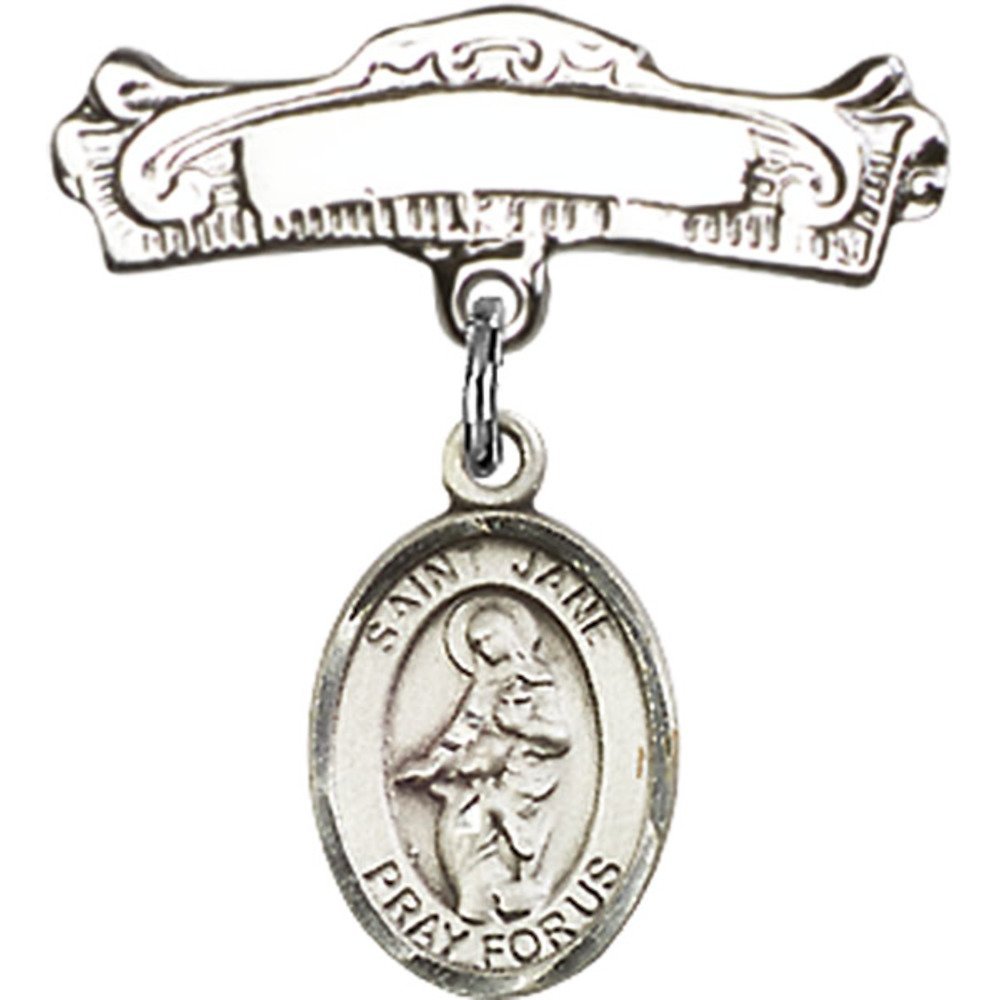 Sterling Silver Baby Badge with St. Jane of Valois Charm - 7/8 X 7/8 Inch Arched Polished Pin - Perfect for Christening Gifts, Baby Showers & Religious Keepsakes