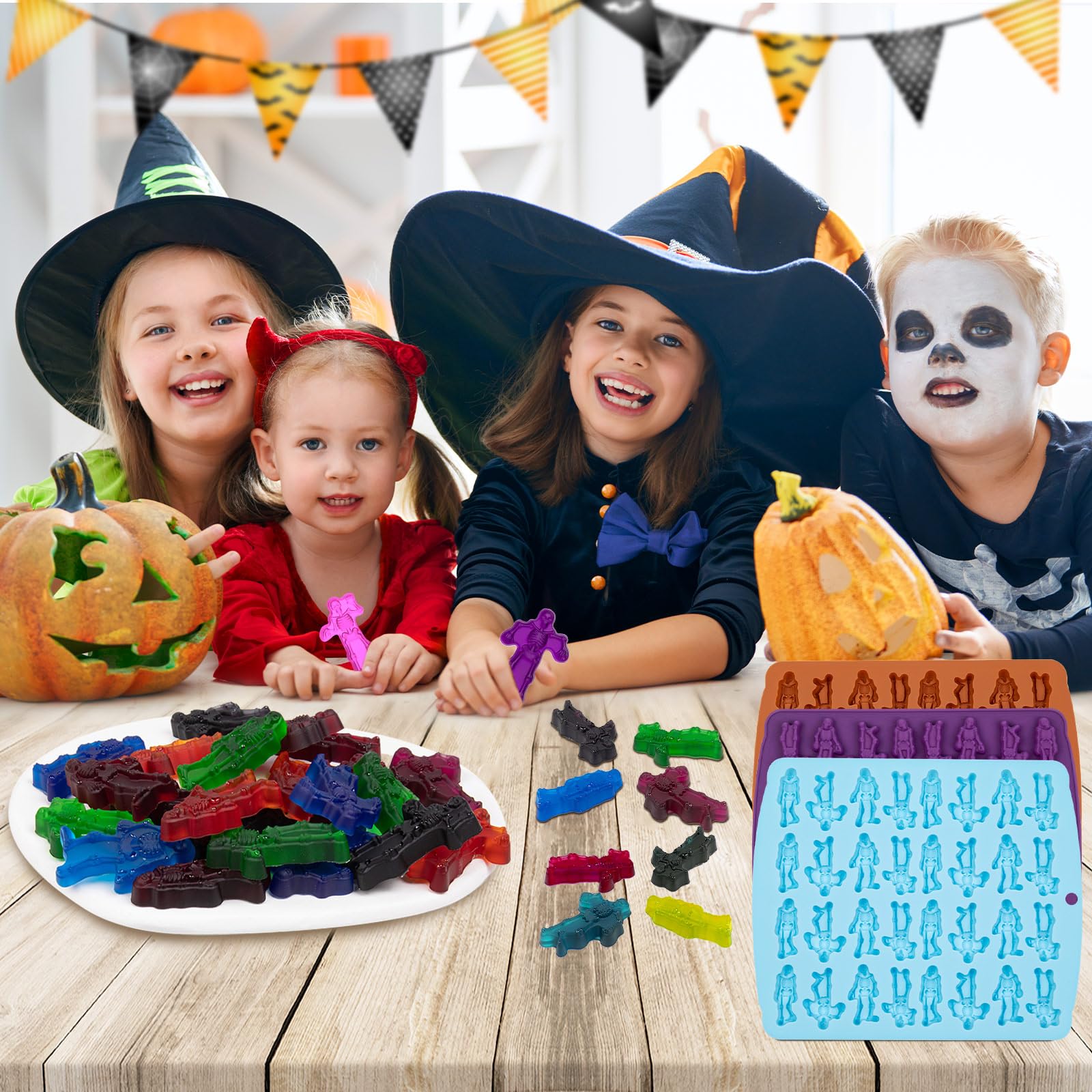 3 Pack Non-Stick Silicone Gummy Skull Candy Molds - Halloween Skeleton & Mini Skull Molds with 3 Droppers for DIY Treats, Baking, Party Favors & Spooky Decorations
