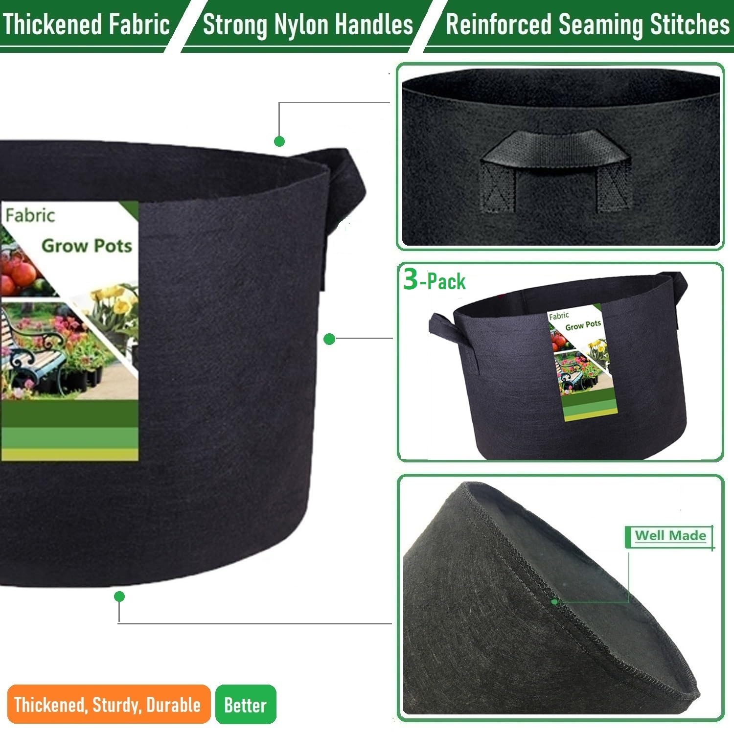 **3-Pack 20 Gallon Thickened Fabric Grow Bags (22x12 Inch) - Heavy Duty Garden Plant Pots for Tomatoes, Potatoes, Herbs & Vegetables - Ideal for Planting, Yard Waste & Leaf Collection**