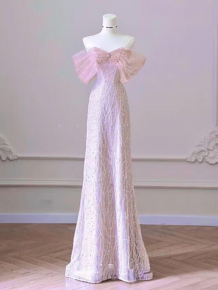 Elegant Off-The-Shoulder Pink Sequin A-Line Long Prom Dress J2977 | Formal Evening Gown for Homecoming, Pageant & Special Occasions