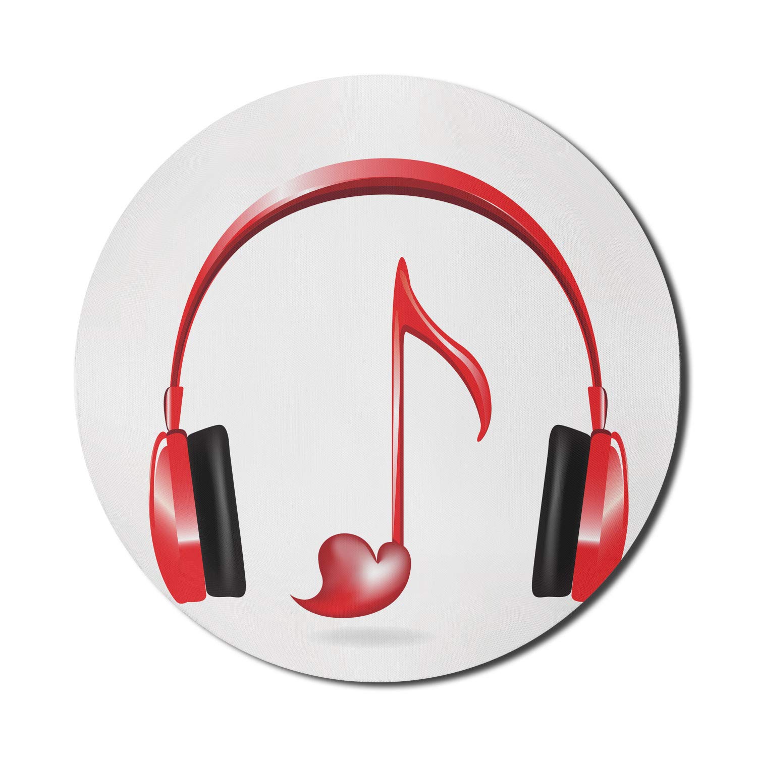 Ambesonne Music-Themed Mouse Pad for Computers - Heart Headphones & Key Note Melody Design, Non-Slip Thick Rubber Gaming Mousepad, 8 Inch Round (Red/Black/Grey) - Perfect for Office, Gaming & Music Lovers Workspace