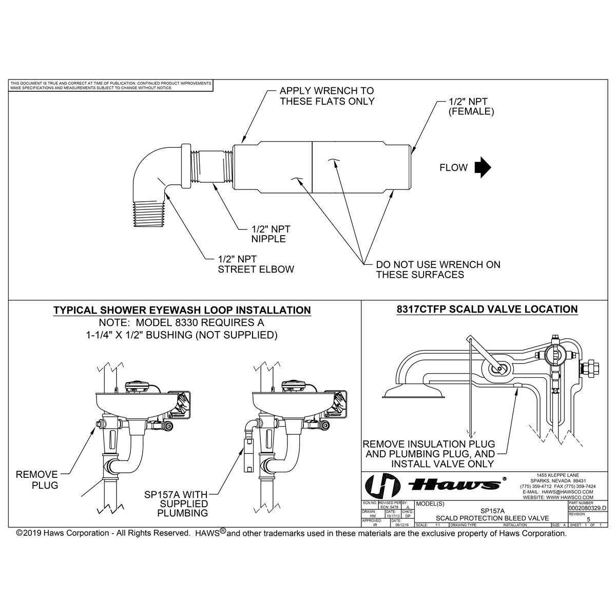Haws SP157A Scald Protection Valve for Eyewash Showers - ANSI-Compliant Safety Valve with Temperature Control for Emergency Showers & Eye Wash Stations