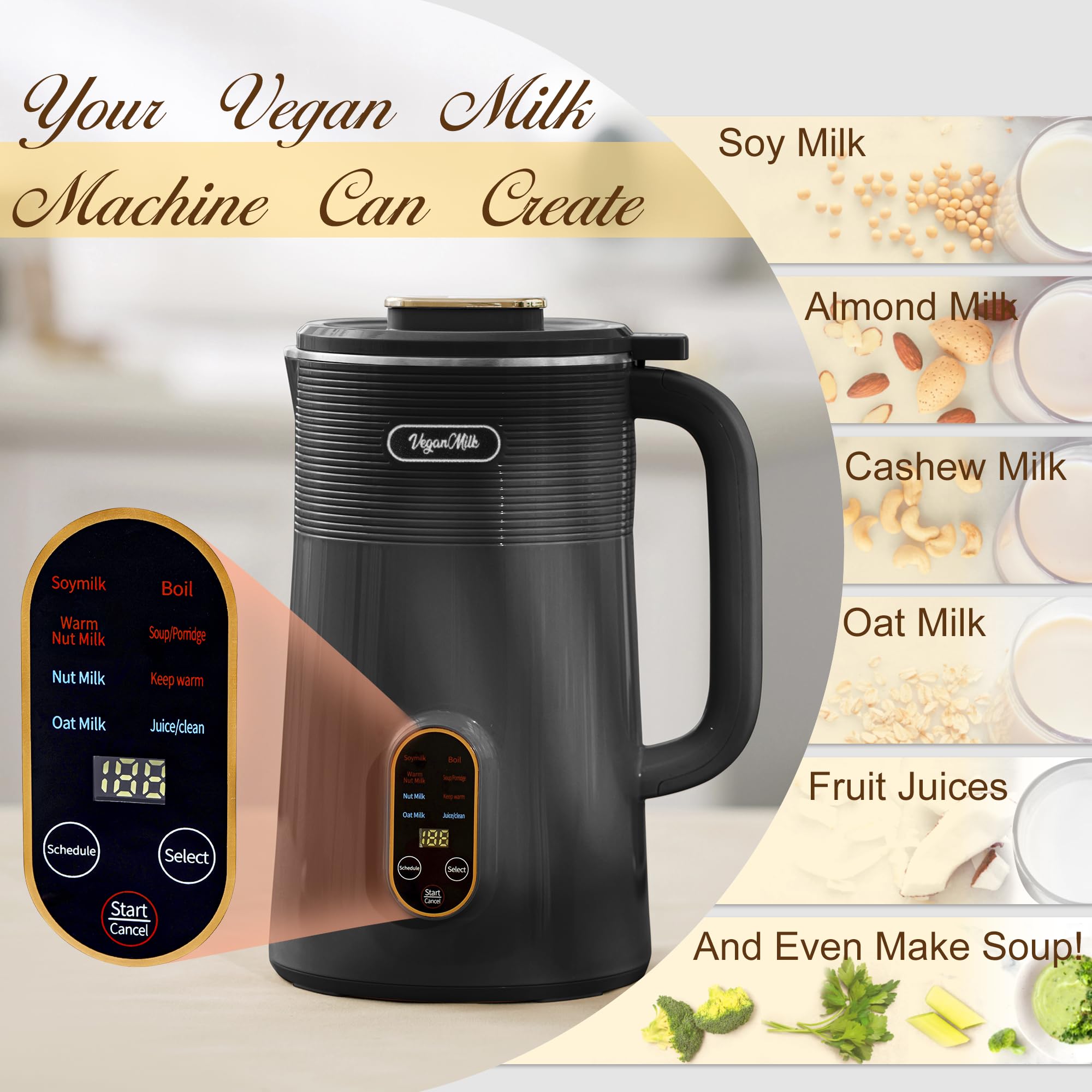 8-in-1 Plant-Based Milk Maker Machine - Almond, Soy, Oat & Nut Milk Maker with Soup Function | Perfect for Vegan, Dairy-Free & Healthy Homemade Milk | Kitchen, Home & Office Use