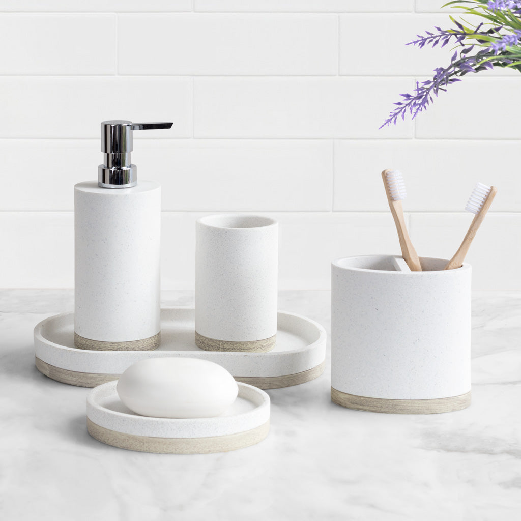 Rustic Grey Bathroom Accessories Set - Ceramic Tumbler for Toothbrush & Soap Dispenser | Farmhouse Style Vanity Organizer for Modern Bathroom Decor