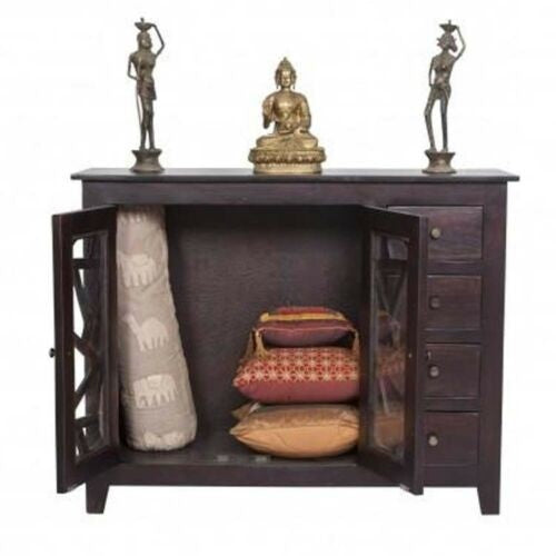 French Style Arched Glass Door Sideboard Cabinet - 1.3m Brown Wood Buffet Console Table for Dining Room, Living Room & Entryway Storage