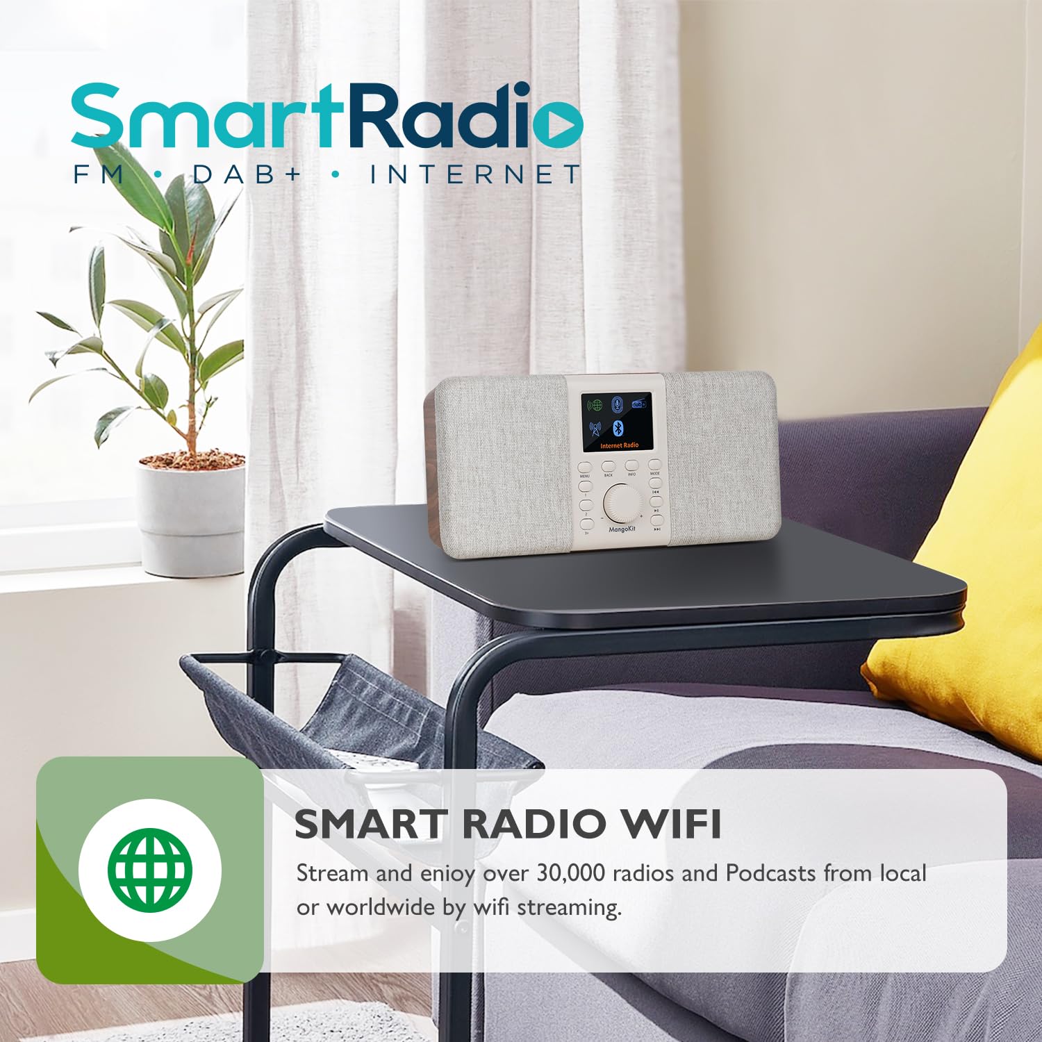 MangoKit SR20 Digital Internet Radio with DAB/DAB+, WiFi, Bluetooth, FM - Smart Podcast Player, Color Screen, Dual Alarms, AC/Battery Powered - Perfect for Kitchen, Bedroom, and Office Use