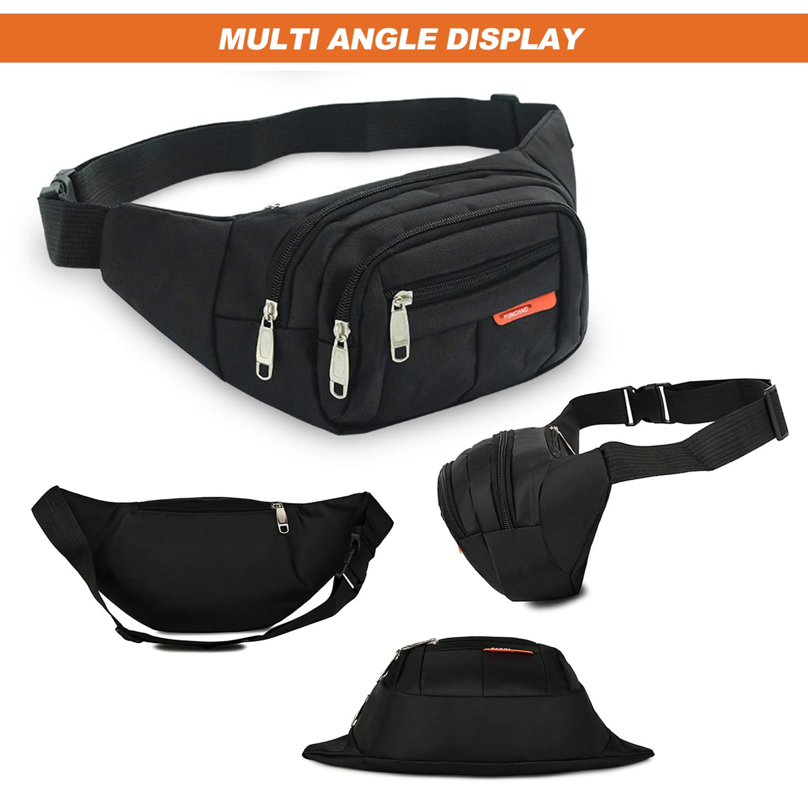 Men's Black Fanny Pack Waist Bag - Crossbody Bum Bag with 4 Zipper Pockets, Durable Oxford Cloth for Outdoor Activities, Cycling, Running & Travel
