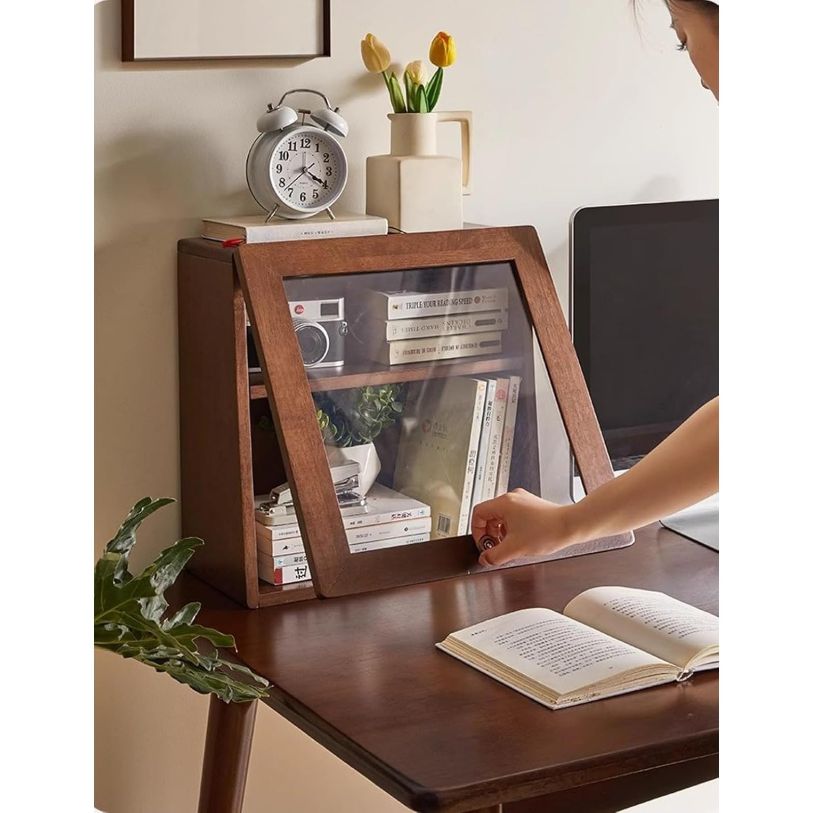 2-Tier Walnut Wood Countertop Cabinet - Kitchen Pantry Storage Organizer for Mugs, Bread & Food with Clear Glass Window | Perfect for Small Kitchen, Dining Room & Coffee Station Organization
