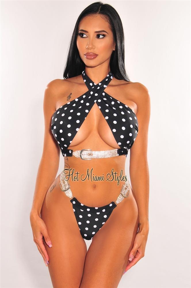 Black Polka Dot Rhinestone Buckle Bikini Bottom - Sexy High Waisted Swimwear for Women, Beach Vacation & Pool Party Essentials