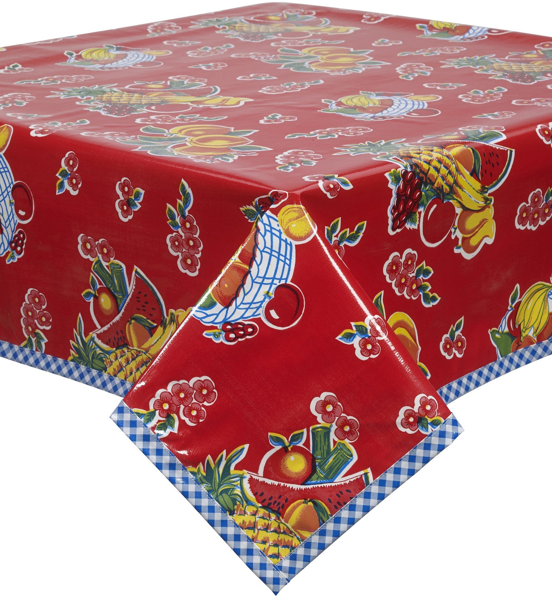 Freckled Sage Oilcloth Tablecloth with Blue Gingham Trim - Waterproof & Washable - Perfect for Picnics, Kitchen Dining, and Outdoor Gatherings (Multiple Sizes Available)