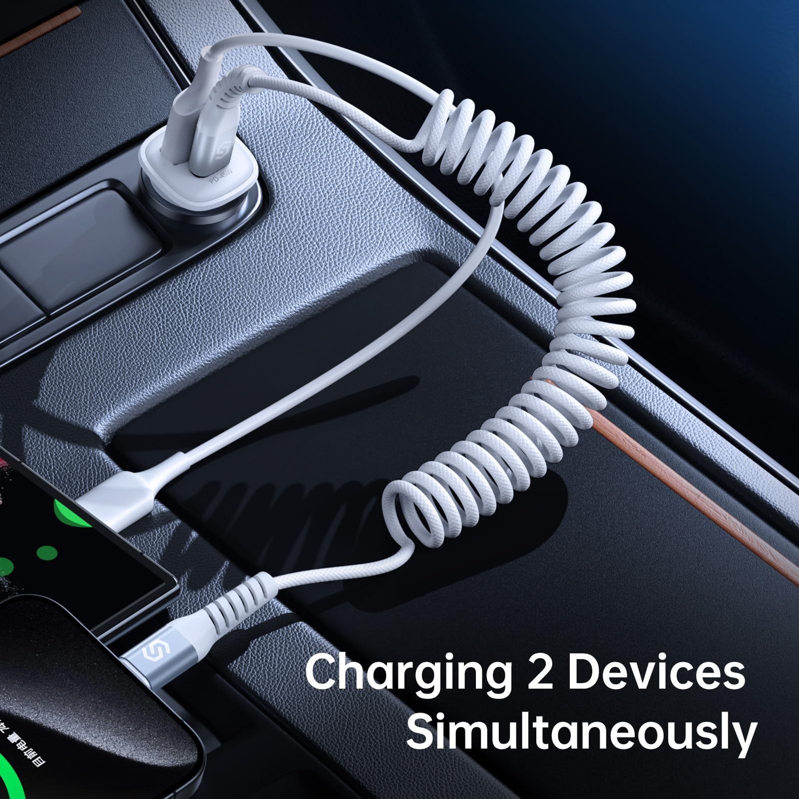 Syncwire 45W USB C Car Charger with PD & QC Fast Charging - Coiled Type C Cable Included - Compatible with iPhone 15 Pro Max, Samsung Galaxy S23/S22, Google Pixel 7 - Perfect for Road Trips & Daily Commutes