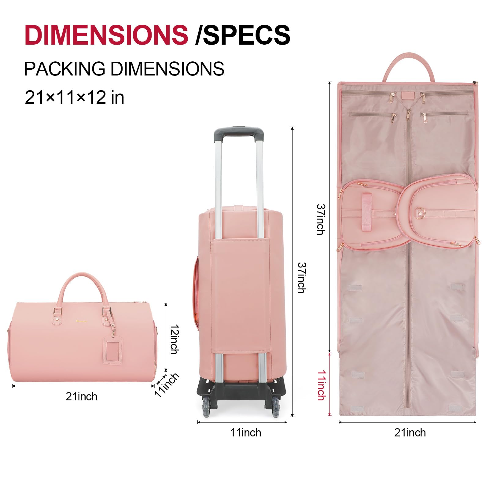 Modoker Rolling Garment Bags with Wheels - PU Leather Convertible Travel Garment Duffel Bag for Women, Trolley Suitcase Luggage with Smooth Wheels (Pink) - Perfect for Business Trips, Vacation & Airplane Travel