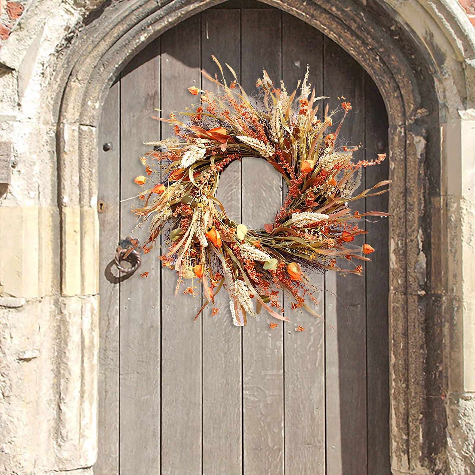 24 Inch Artificial Fall Wreath with Maple Leaf and Berry - Autumn Thanksgiving Halloween Decor for Front Door, Indoor Outdoor Seasonal Home Decoration