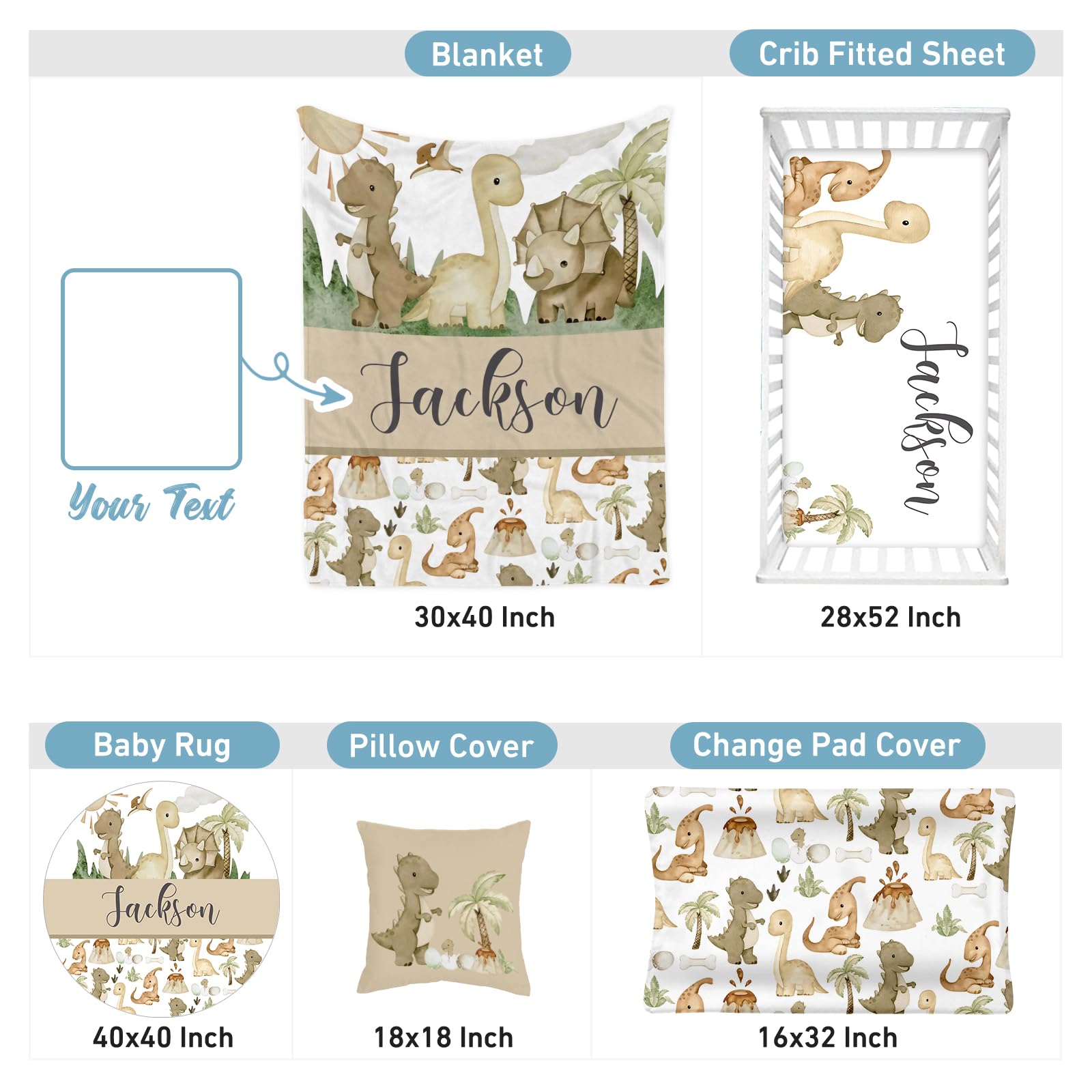 Personalized Neutral Dinosaur Baby Crib Bedding Set - 5 Piece Nursery Set with Fitted Crib Sheet, Toddler Blanket & Baby Area Rug for Boys & Girls | Perfect for Nursery Decor, Baby Shower Gifts & Newborn Essentials