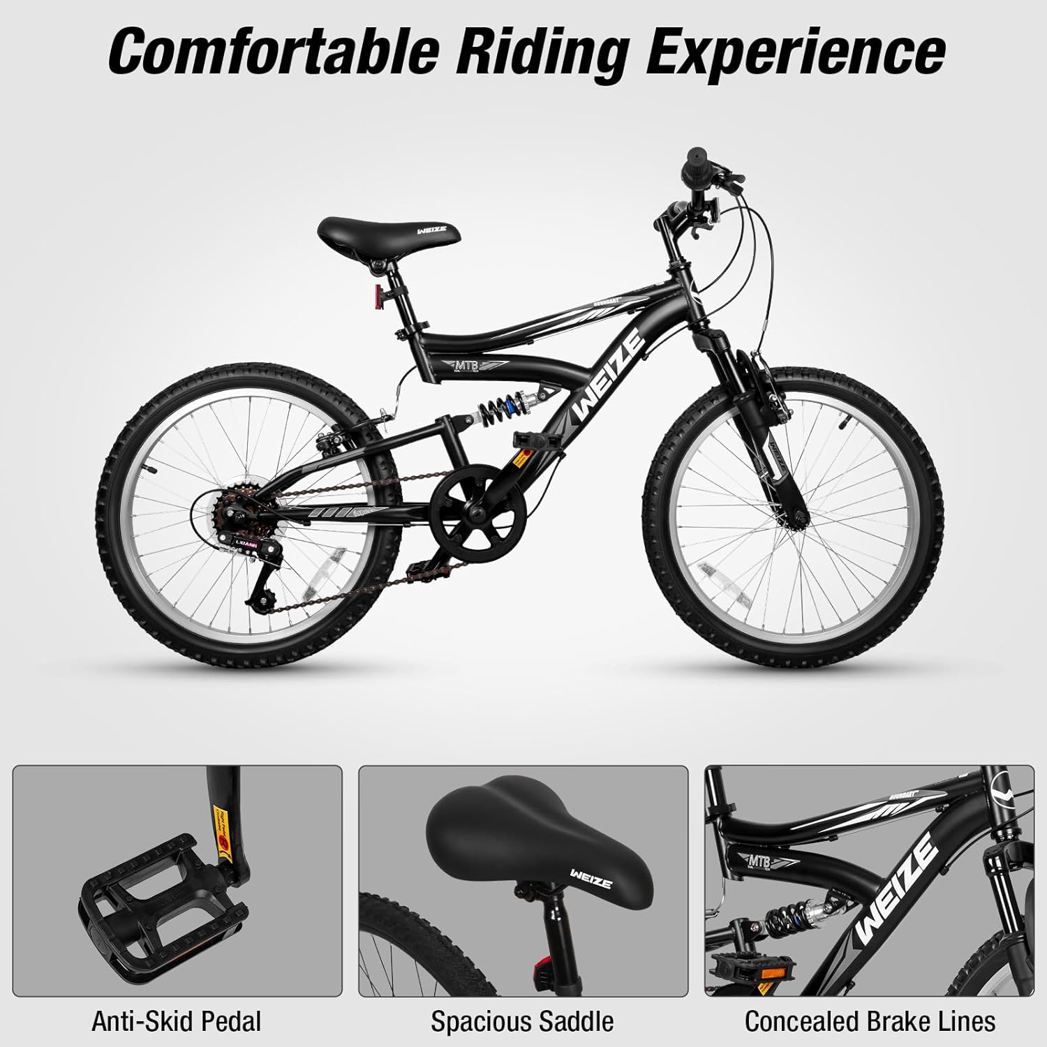 WEIZE 20 Inch Kids Mountain Bike for Boys & Girls Ages 6-13 - Dual Full Suspension, 6-Speed Drivetrain, High Carbon Steel Frame - Perfect for Trail Riding, Neighborhood Adventures & Outdoor Exploration