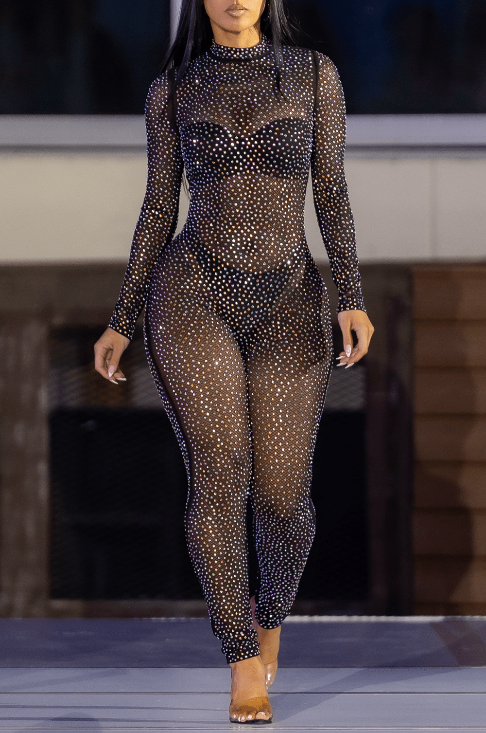 Black Mesh Rainbow Iridescent Rhinestone Studded Jumpsuit for Women - Glamorous Party Outfit, Clubwear & Festival Fashion