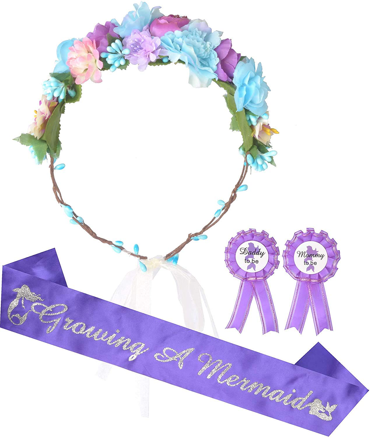 MEANT2TOBE Baby Shower Decorations Set - Purple & Blue Floral Tiara, Silver Sash & 'Daddy to Be' Pin - Perfect Maternity Gift for Expecting Parents | Gender Reveal, Baby Shower Party Decor & Photo Props