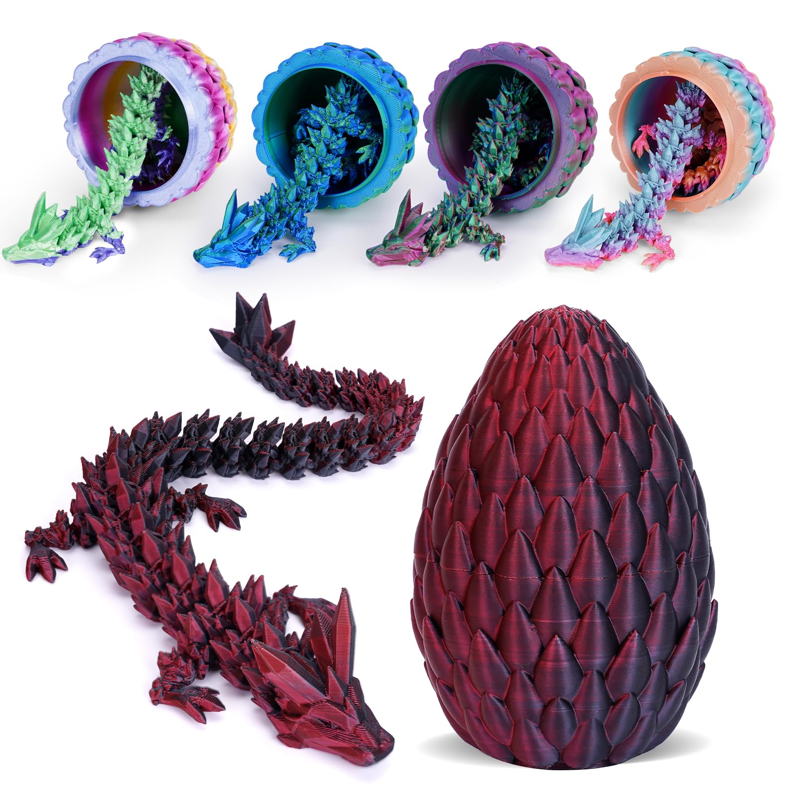 3D Printed Dragon in Egg - Articulated Fidget Toy for Adults, Desk Decor - Red & Black for Stress Relief & Office Fun