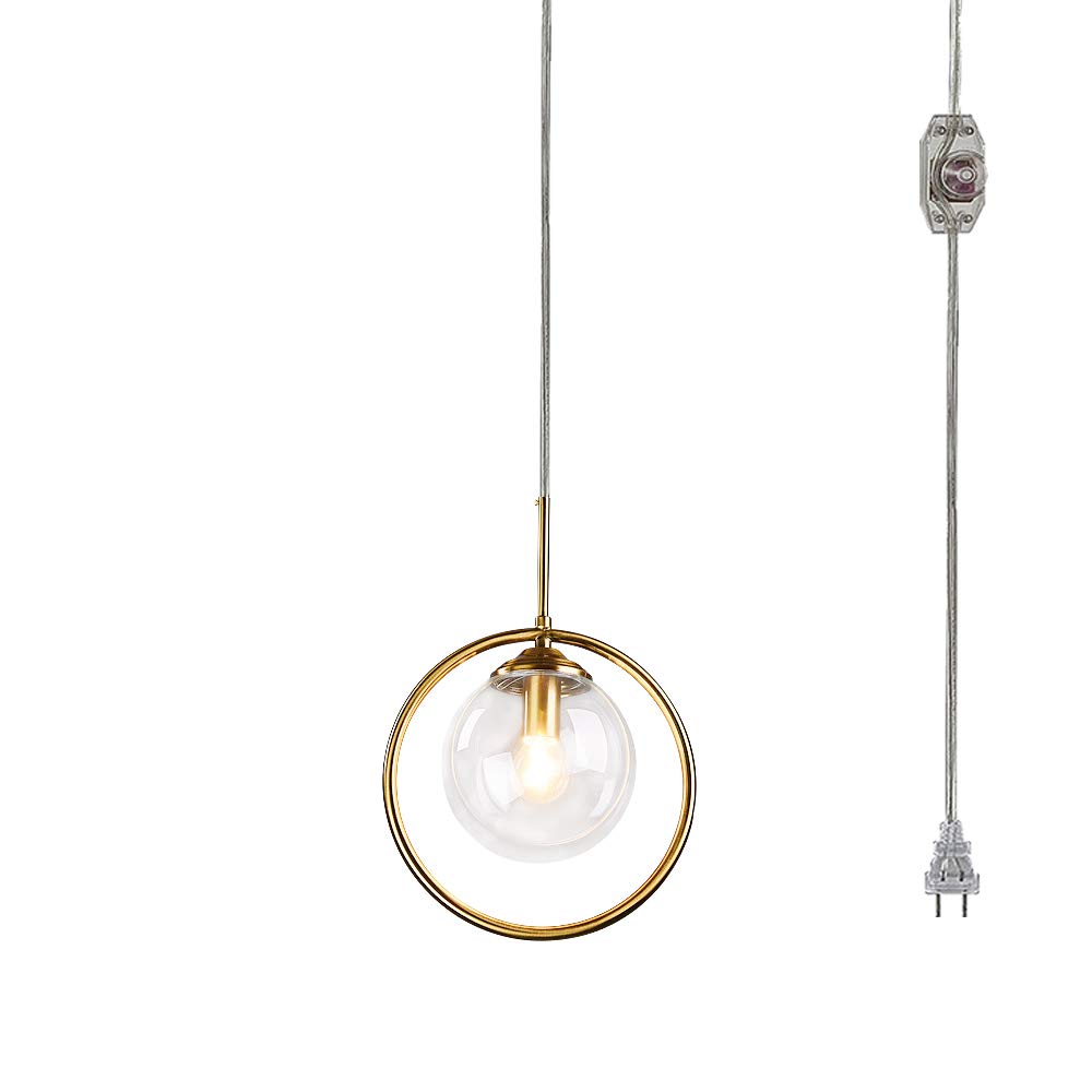 E26 Plug-in Hanging Swag Lamp - No Wiring Needed Contemporary Glass Pendant Light with 15ft Cord & UL Dimmer Switch, Dimmable for Dining Room, Bedroom, Kitchen (Bulbs Not Included) | Easy Installation, Vintage & Modern Home Decor Lighting