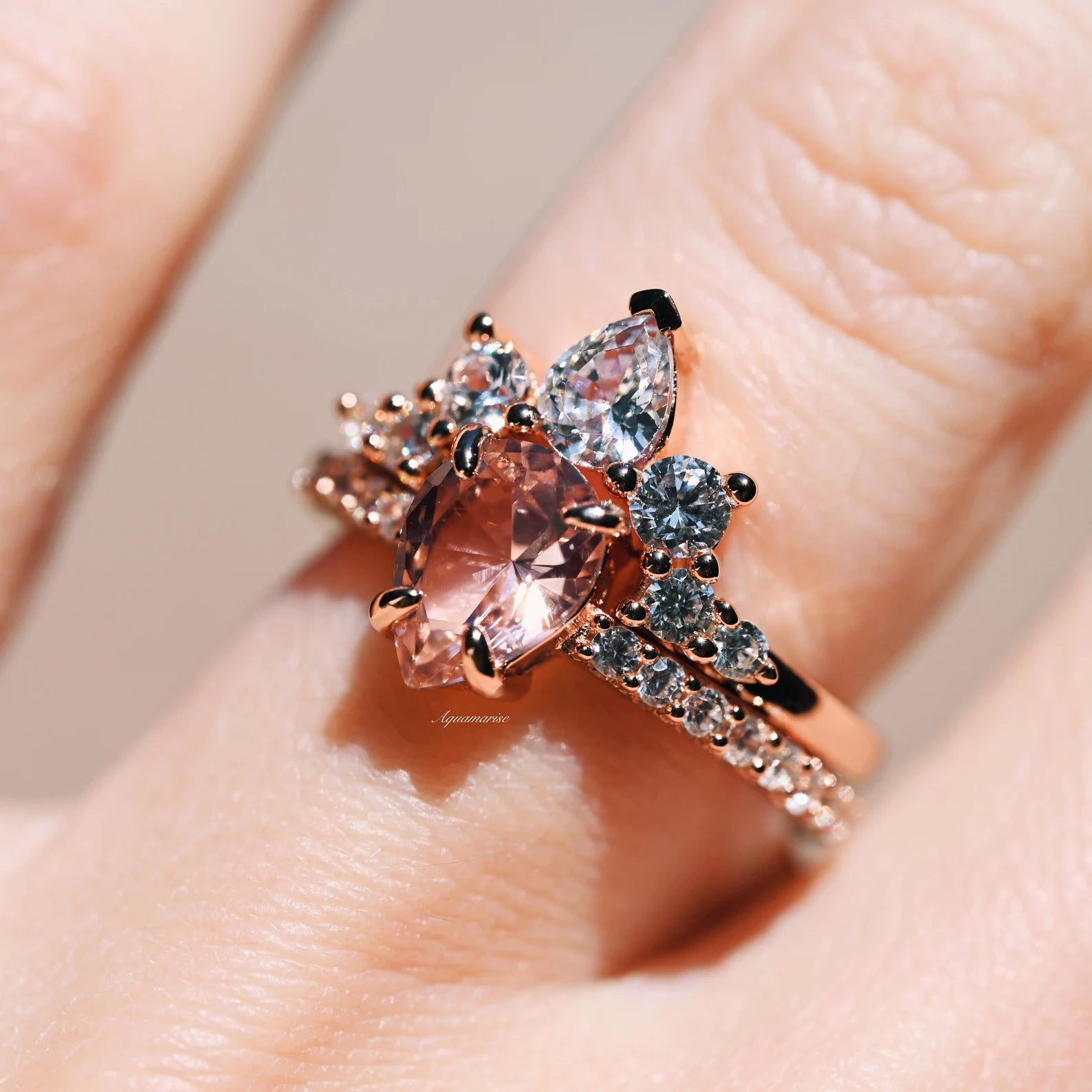 14K Rose Gold Vermeil Teardrop Morganite Ring Set - Elegant Stackable Rings for Women, Perfect for Weddings, Anniversaries & Special Occasions