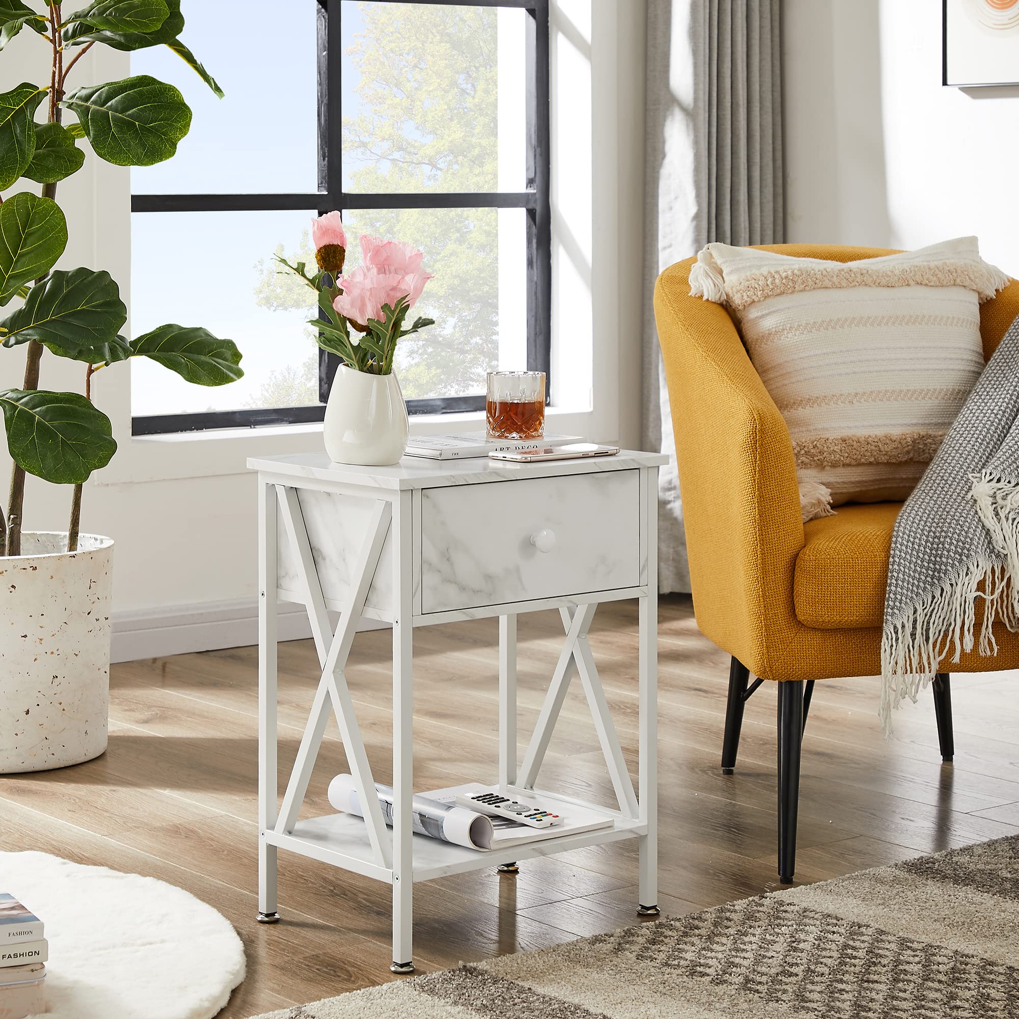 Modern Nightstand Set of 2 with Storage Drawer - Industrial Metal Frame Side Table for Bedroom & Living Room - White End Tables for Small Spaces, Apartment Decor & Guest Room Essentials