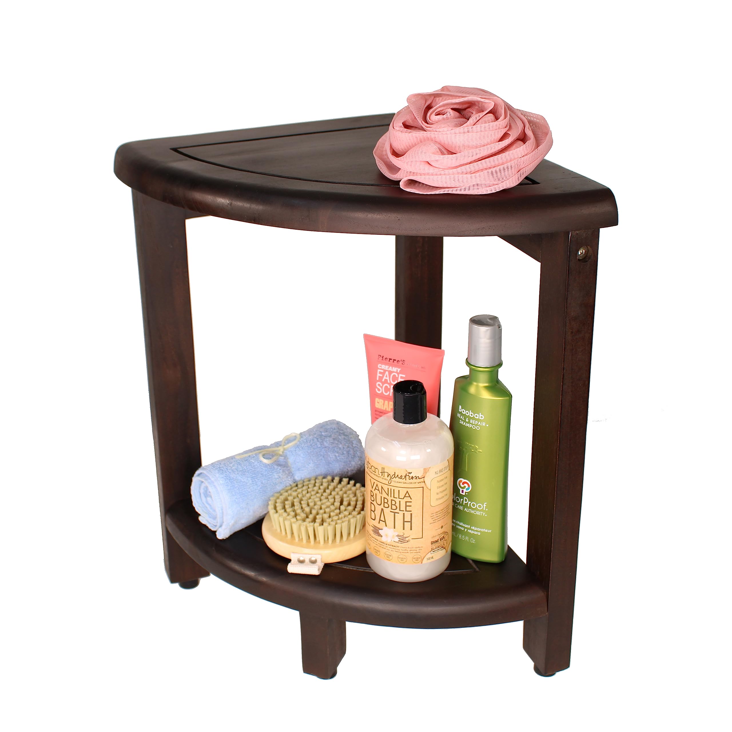 EcoDecors DecoTeak - Natural Teak Wood Shower Shelf Corner Bench | Waterproof Bathroom Storage Organizer for Shampoo, Soap & Accessories | Non-Slip Shower Seat & Safety Stool for Elderly & Kids