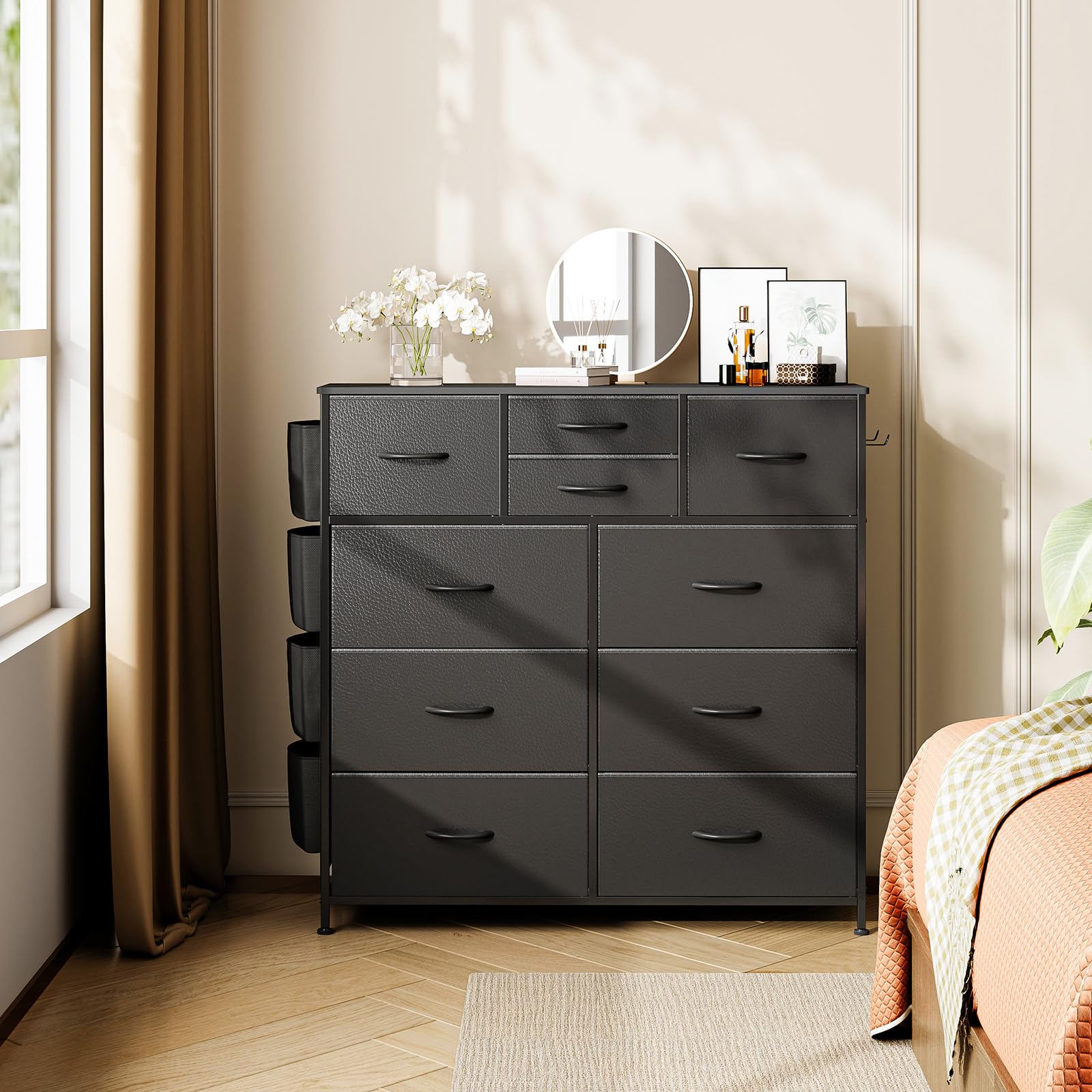 Black 10-Drawer Dresser for Bedroom & Closet Storage with Hooks - Perfect for Hallway, Kids Room