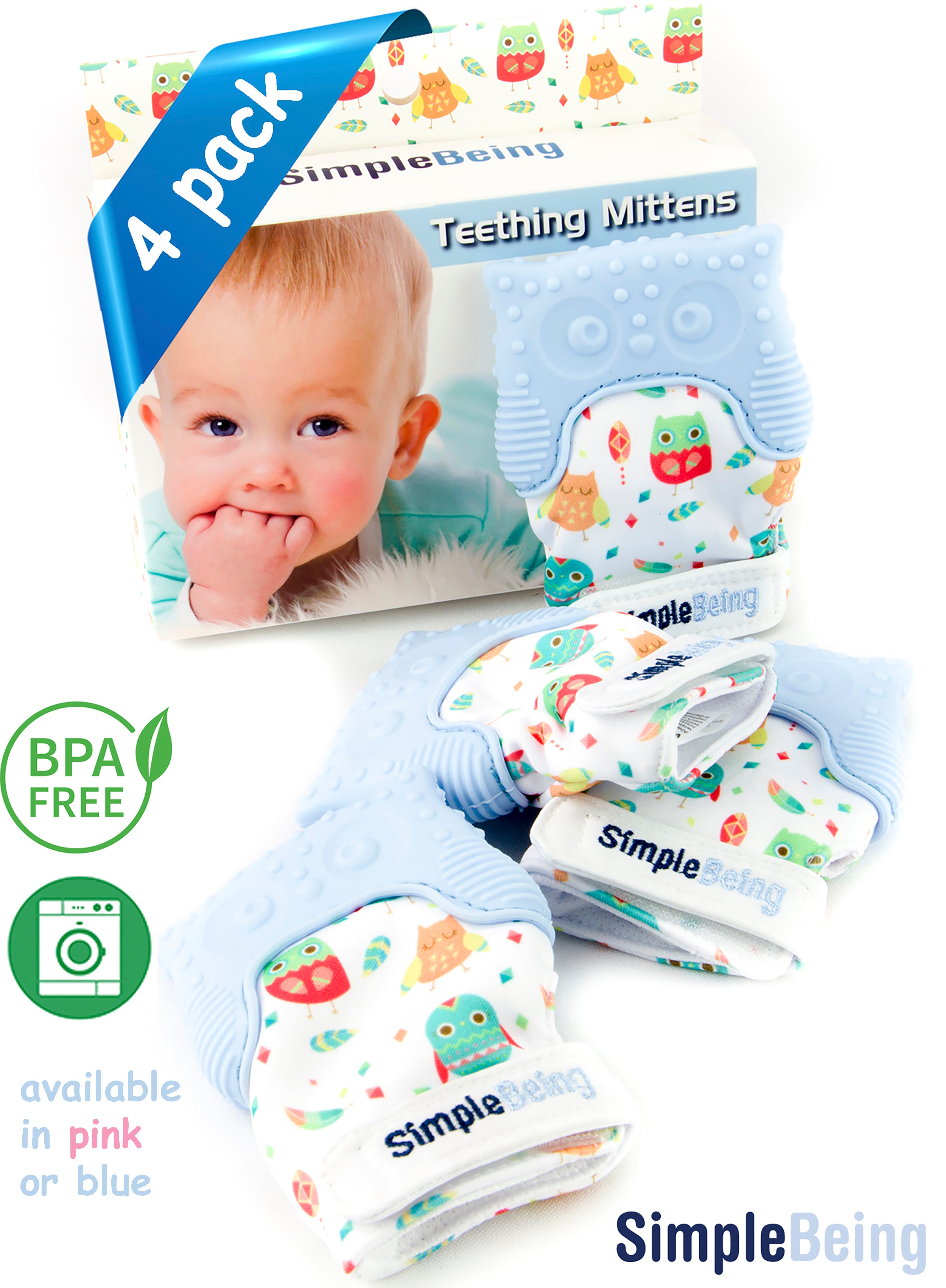 Simple Being Baby Teething Mittens (4 Pack) - Soft Chewable Teething Gloves for Infants & Toddlers - Soothing Relief for Sore Gums - Perfect for Daycare, Travel & Home Use - Blue