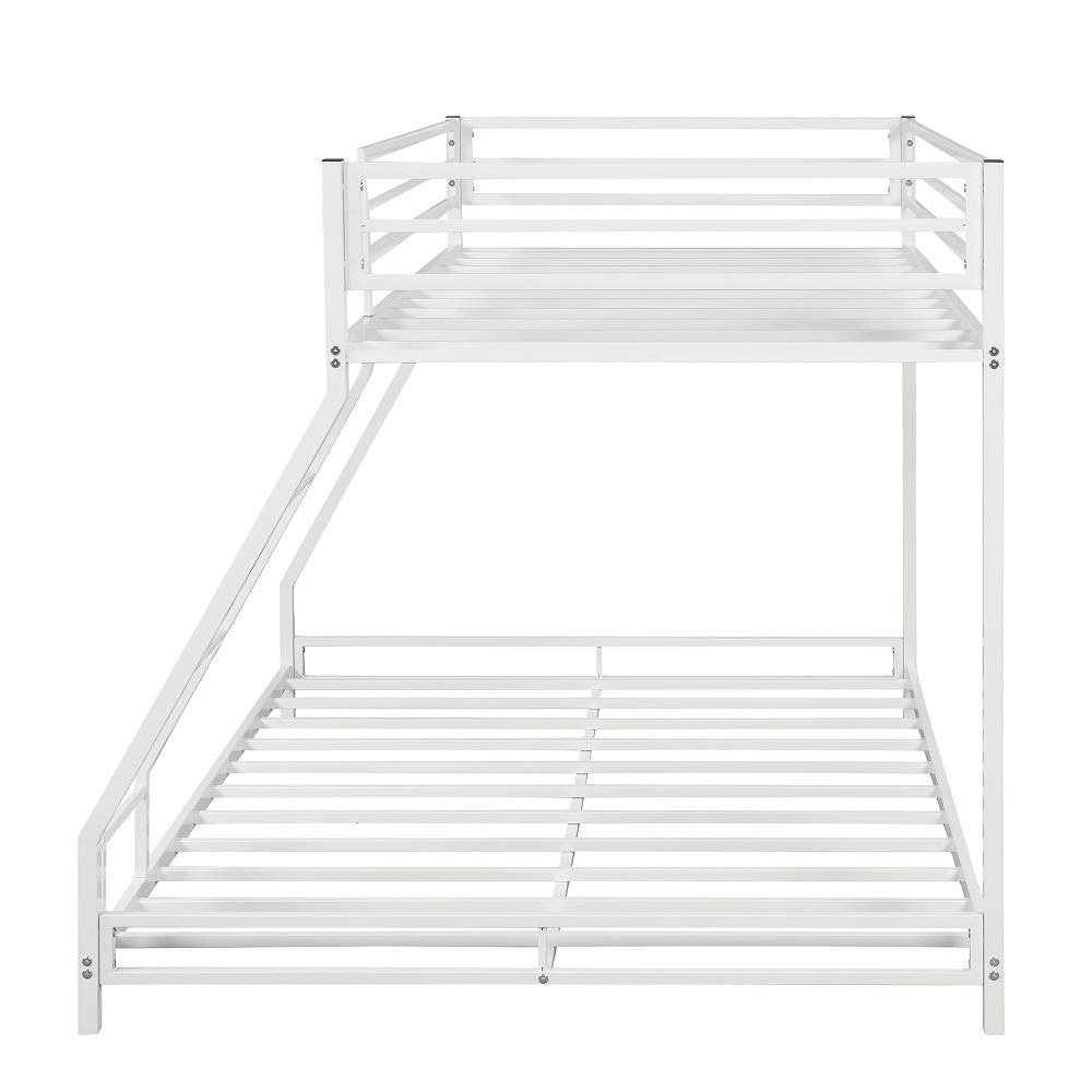 Rhomtree Metal Bunk Bed Frame - Twin Over Full Size with Safety Ladder & Guard Rail - Space Saving Design for Kids, Teens & Adults - Perfect for Bedrooms, Dorm Rooms & Small Spaces (White Finish)