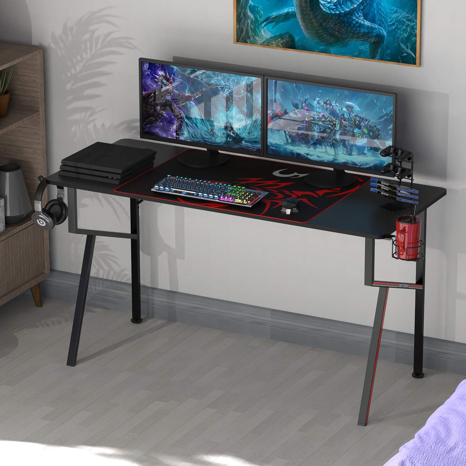 55 Inch Gaming Desk with Cup Holder & Headphone Hook - K-Frame PC Computer Desk for Home Office & Professional Gamers - Includes Free Mousepad & Gaming Handle Rack - Perfect Workstation for Esports, Streaming & Remote Work (Black)