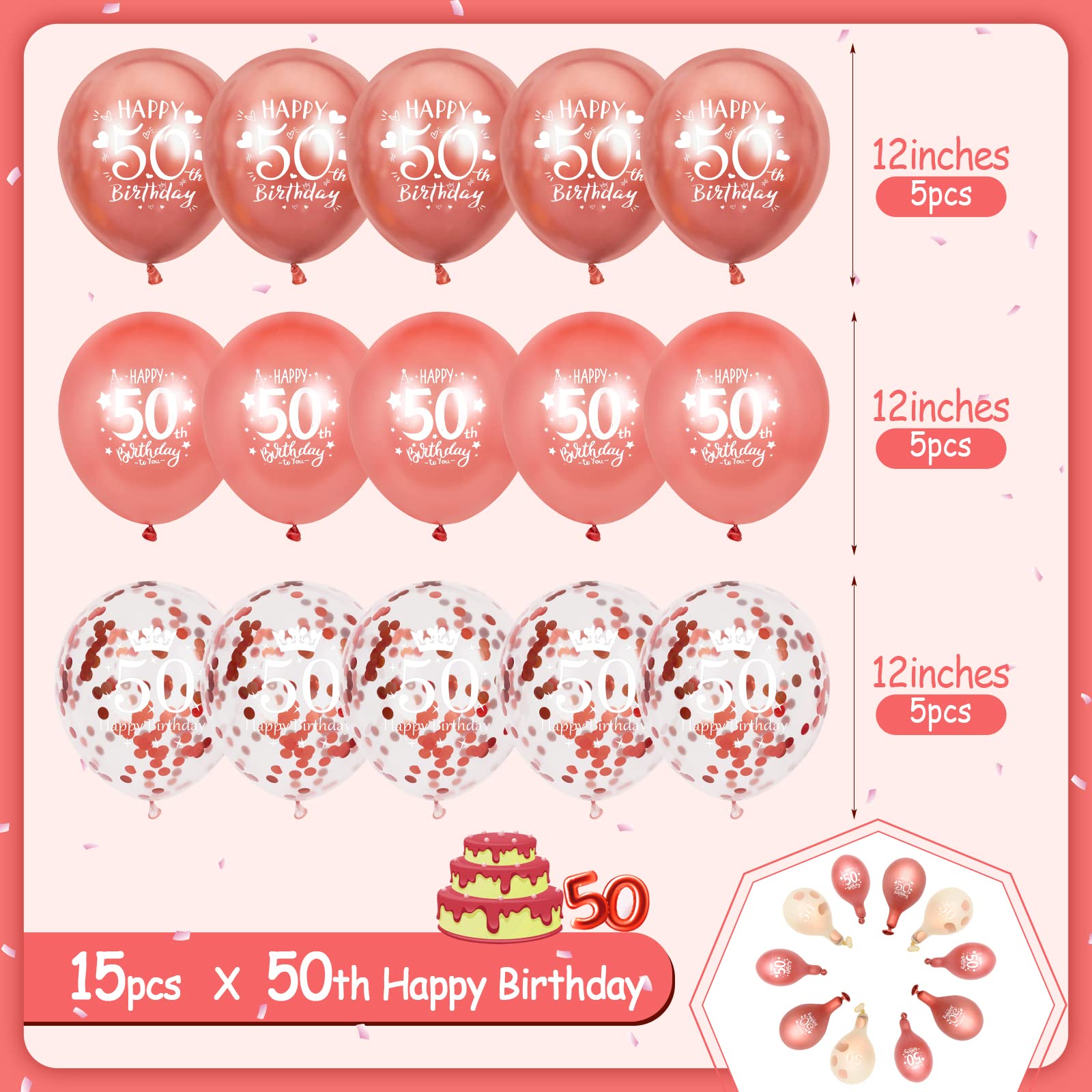 RUMIA 15-Piece Rose Gold 50th Birthday Balloon Set - Happy 50th Birthday Party Decorations for Women & Men - Perfect for Anniversary Celebrations, Milestone Parties & Photo Backdrops