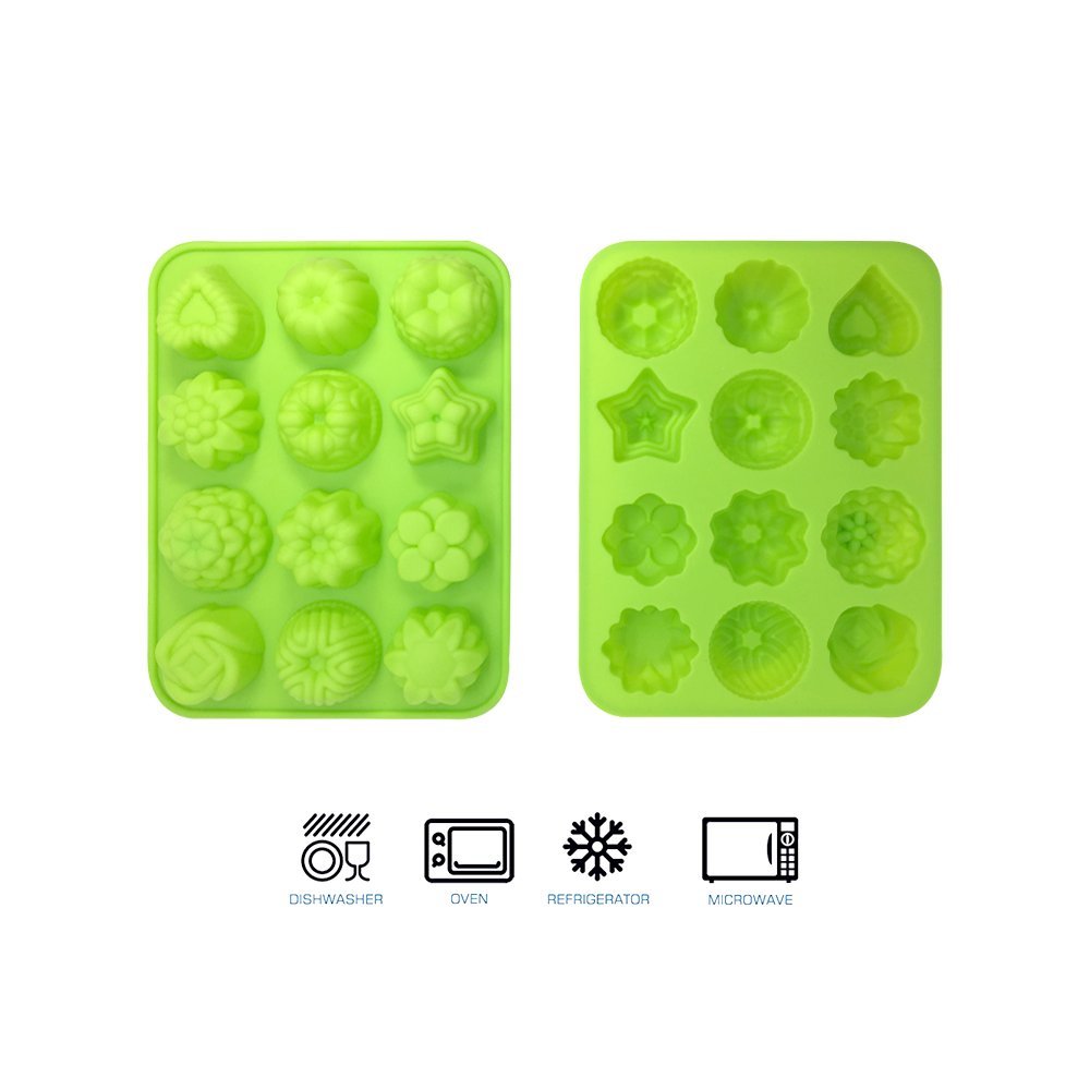 3-Pack Flower Silicone Non-Stick Baking Molds - 12-Cavity Muffin Pan for Cakes, Jelly, Pudding, Chocolate & Cupcakes | Heart & Flower Shaped Bakeware in Blue, Green & Red | Perfect for Birthday Parties, Wedding Desserts & Holiday Baking