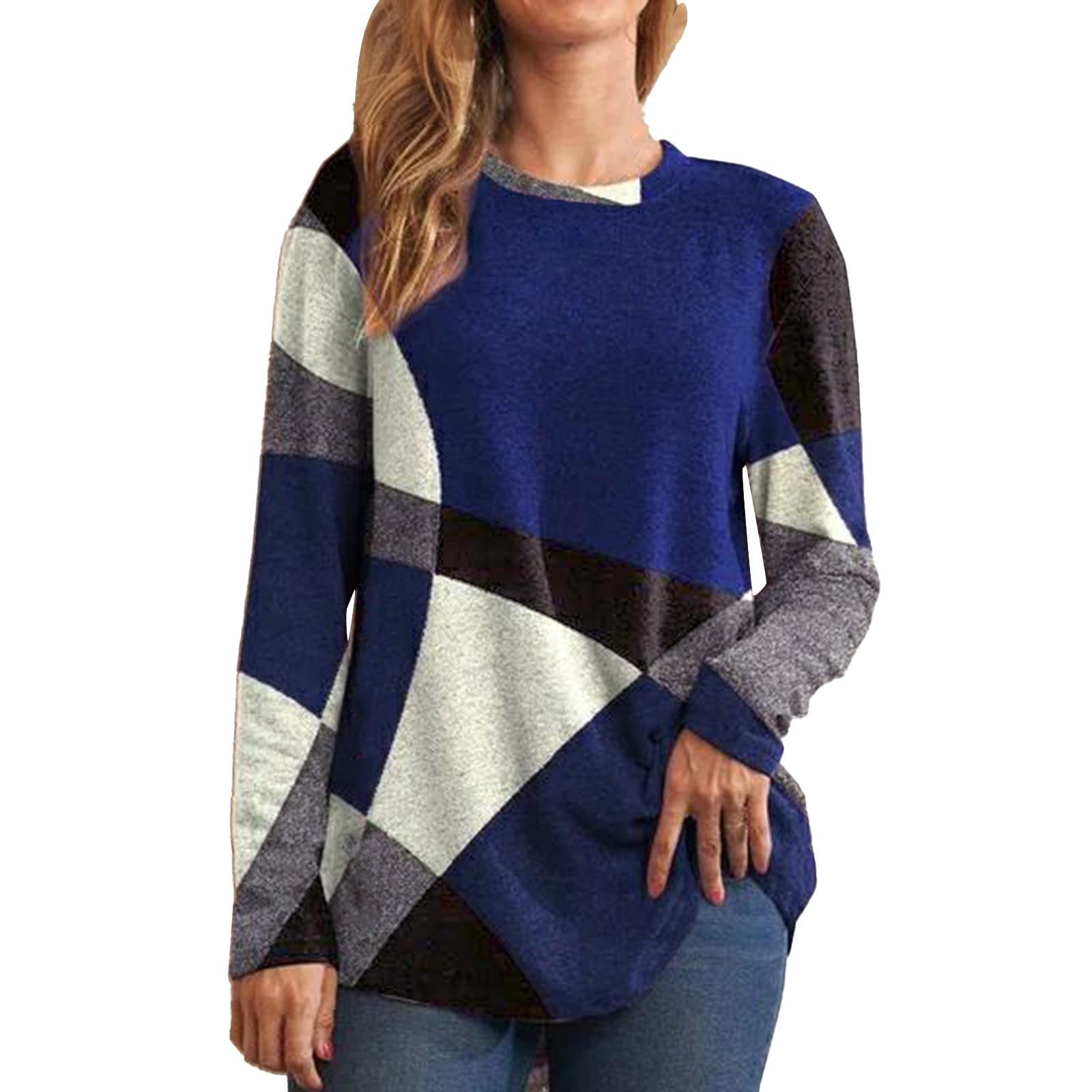 Women's Black Long Sleeve Shirt with Patchwork Print - Round Neck Fashion Top for Casual Wear (Blue, Size S) | Perfect for Office, Date Night & Everyday Outfits