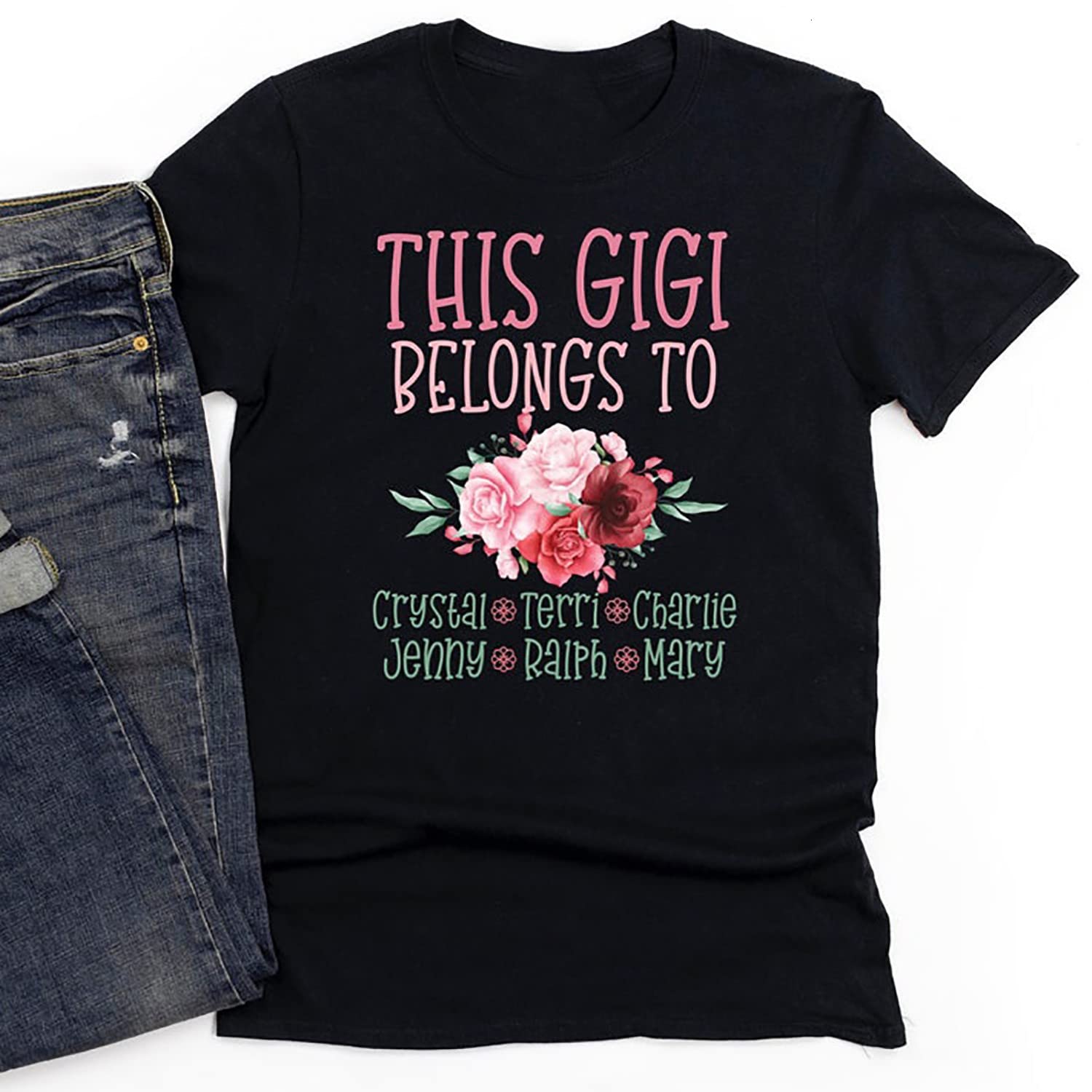 Custom Personalized Grandkids Names T-Shirt - This Gigi Belongs To Shirt - Grandma Mom & Mimi Kids Name Tee - Unique Nanny Granny Gift for Family Reunions, Birthday Parties & Holiday Gatherings
