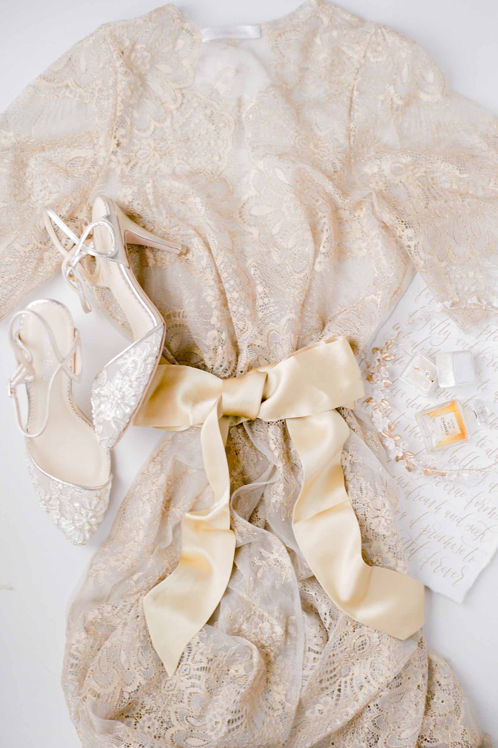 Gold Harlow Midi Lace Robe with Flutter Sleeves - Elegant Loungewear for Bridal Shower, Honeymoon & Special Occasions
