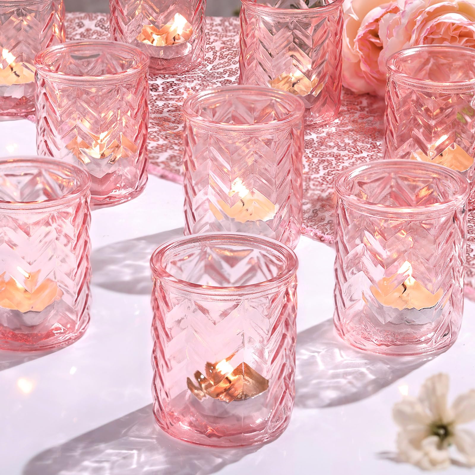 12 Pack Pink Glass Candle Holders - Elegant Votive Tealight Holders for Wedding, Baby Shower & Mother's Day Decor - Romantic Table Centerpiece for Home, Party & Special Occasions